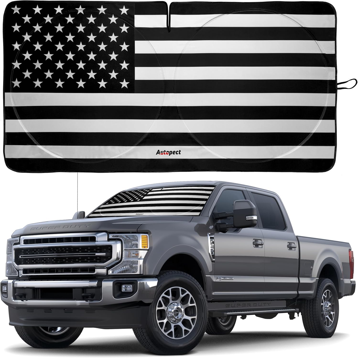 Autopect Windshield Sun Shade - American Flag Design, High-Resolution Sun Visor for Car, Truck, SUV with Mirror Cut-Out for Interior Sun Protection, Foldable Car Sun Shade (Black and White, X-Large)