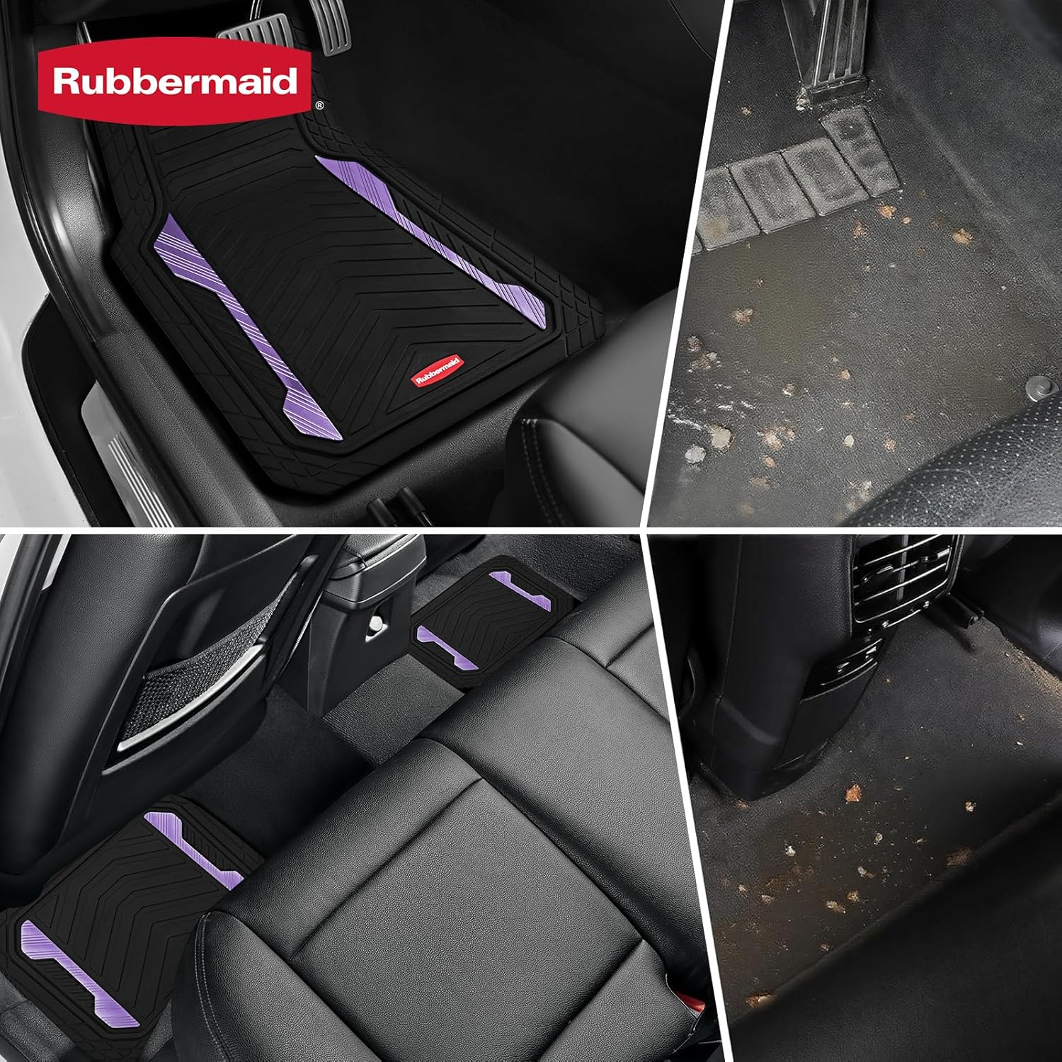 Rubbermaid Car Floor Mat, Heavy Duty All-Weather Car Mats Full Set with Dual-Tone Purple Aluminum Inserts – Universal Fit, Anti-Slip Backing, Trim-to-Fit for Most SUV, Sedan, Van