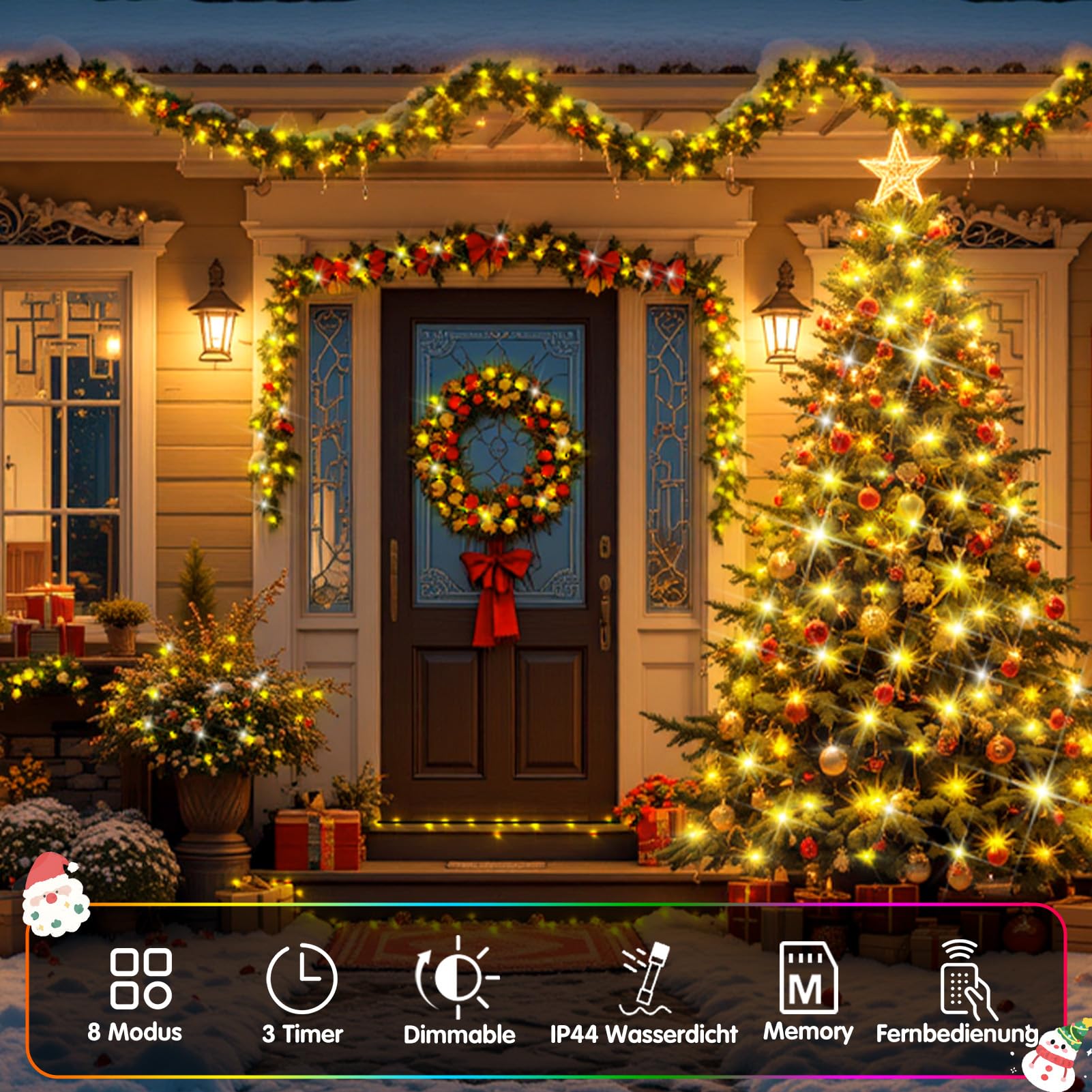 XURISEN 123M Lichterkette 1000 LED Warmweiß Dunkelgrün Weihnachtsbaum Timer 8 Modi IP44 Wasserdicht Fernbedienung für Garten Balkon Weihnachtsdekoration
