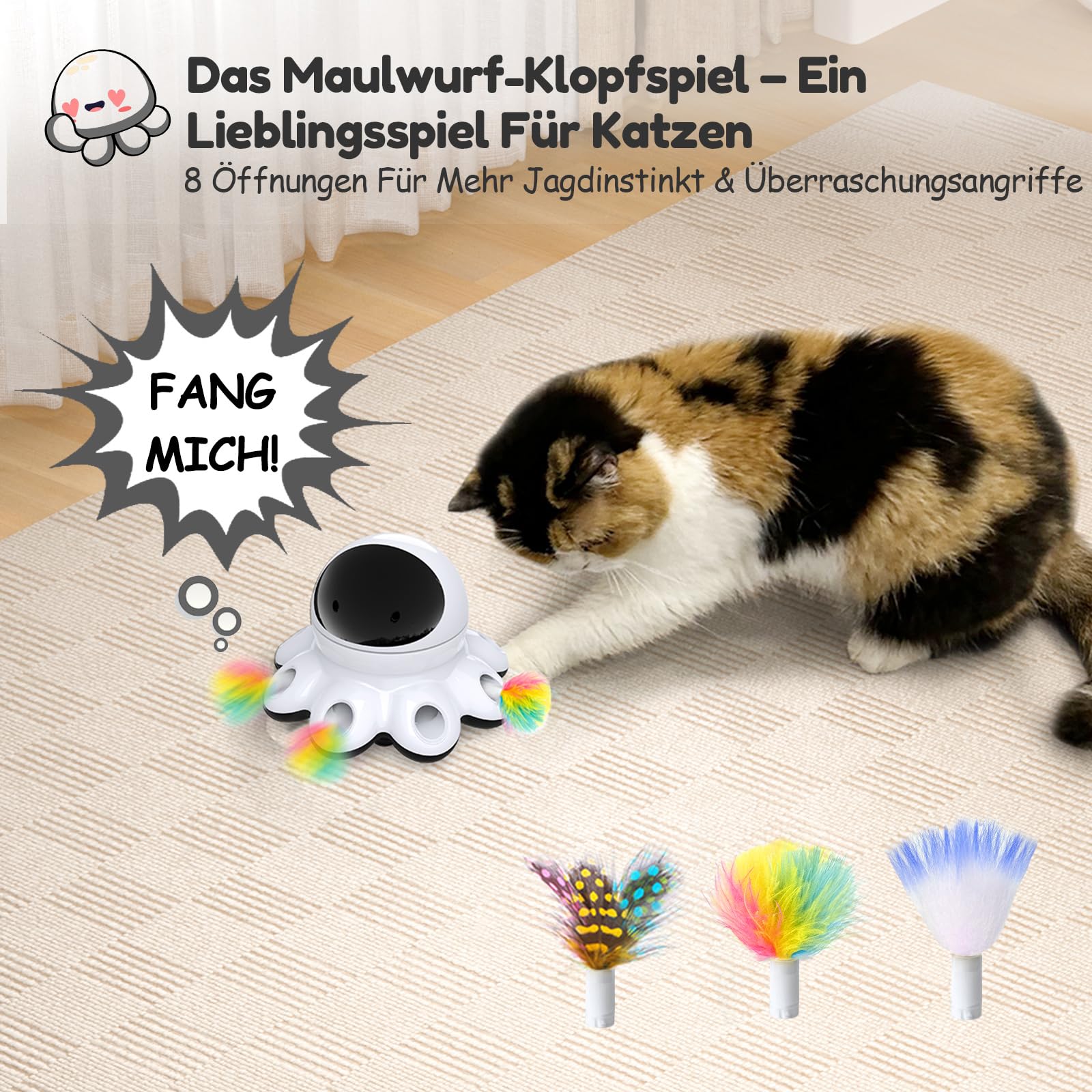 GoldenSun Katzenspielzeug, 2-in-1 Automatisches Katzenspielzeug, 8-Loch Whack-a-Mole & 360° Zufallsbewegung, USB Wiederaufladbar, Interaktives Katzenspielzeug für Gelangweilte Wohnungskatzen