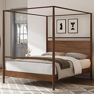 Merax Wood Canopy Bed Frame King Size, Four Posters Bed/Squeak Resistant/No Box Spring Needed, Walnut