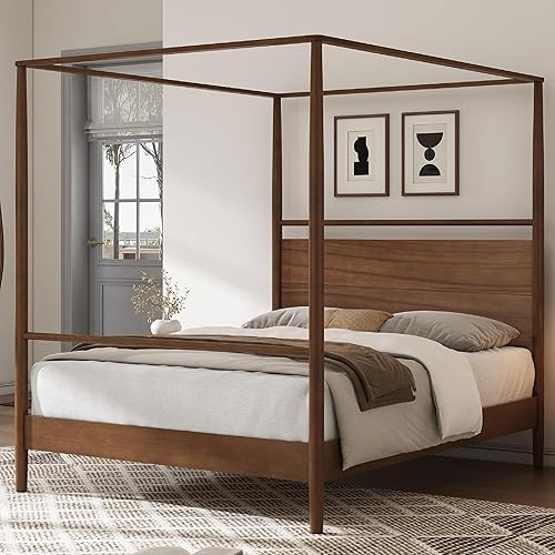 Merax Wood Canopy Bed Frame King Size, Four Posters Bed/Squeak Resistant/No Box Spring Needed, Walnut