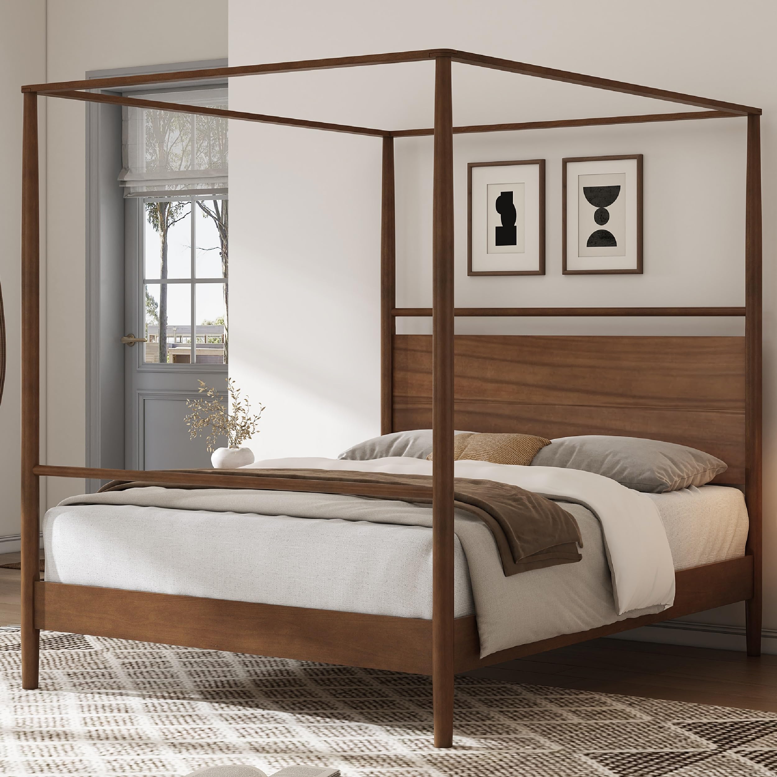 Merax Wood Canopy Bed Frame Queen Size, Four Posters Bed/Squeak Resistant/No Box Spring Needed, Walnut