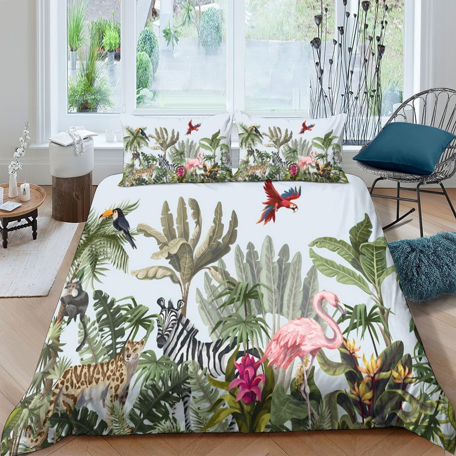 GPLZQXKJNH 3D Printed Jungle Wildlife Duvet Cover Microfiber Soft Breathable Tropical Animal Bedding Set with 2 Pillowcases for Bedroom Décor, Single（135x200cm）