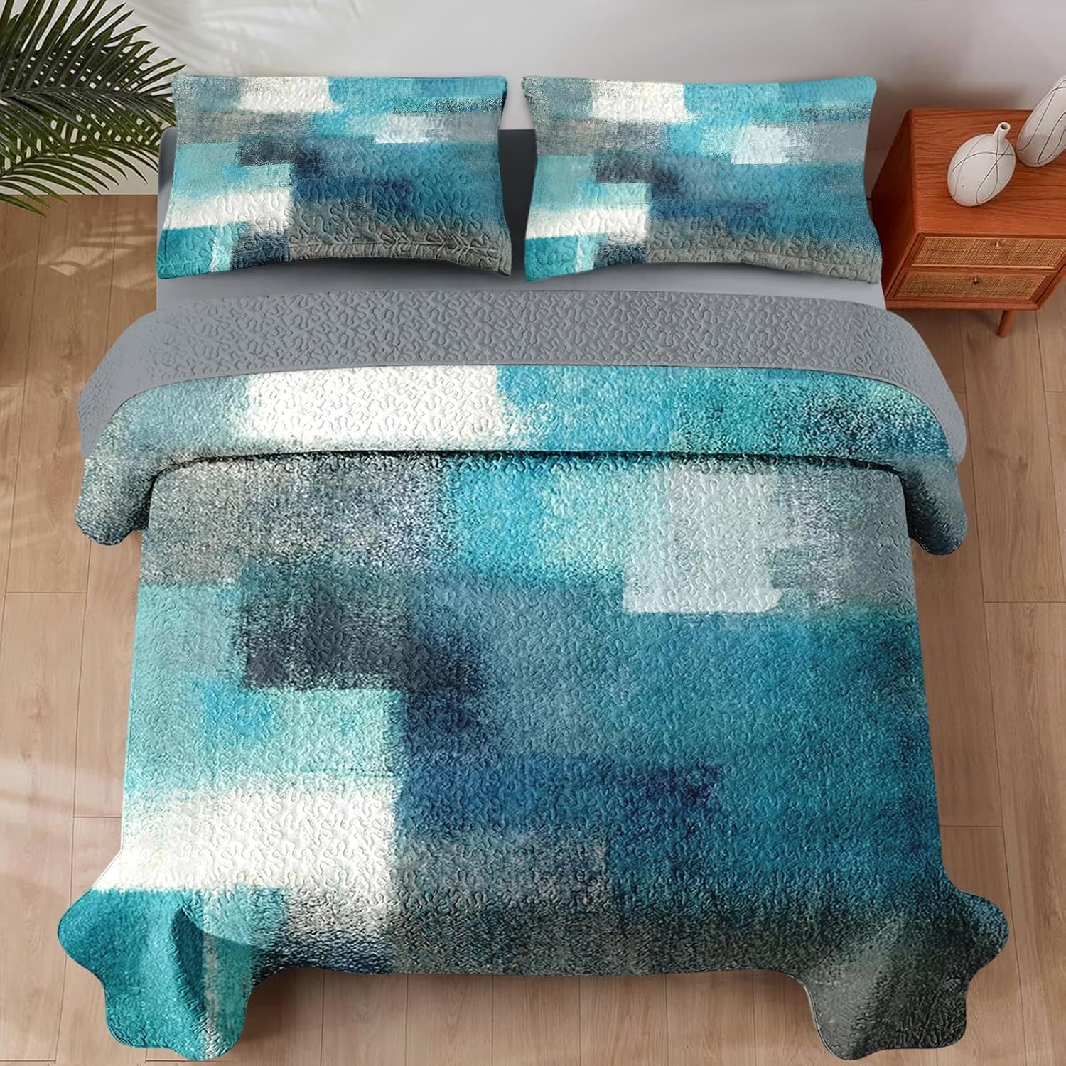 Pamnest Quilt Set Full/Queen Size, Turquoise Grey Painting 3 Pcs Soft Bed Cover Bedding Set for Kids and Adults, Teal Contemporary Gray Lightweight Bedspread Coverlet with Pillow Sham for All Season