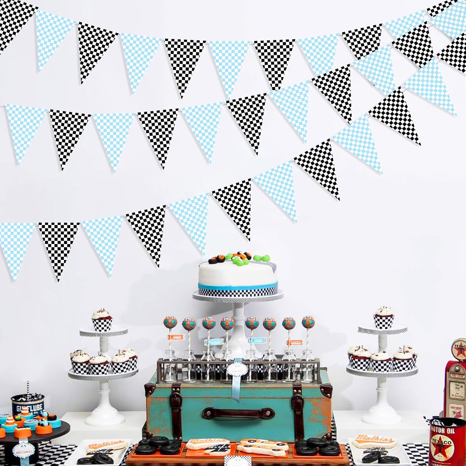 Blue Race Car Party Decorations - 3PCS Checkered Pennant, Checkered Triangle Banners, Racing Flags Banner, Checkered Flags for Checkered Racing Car Two Fast Birthday Party