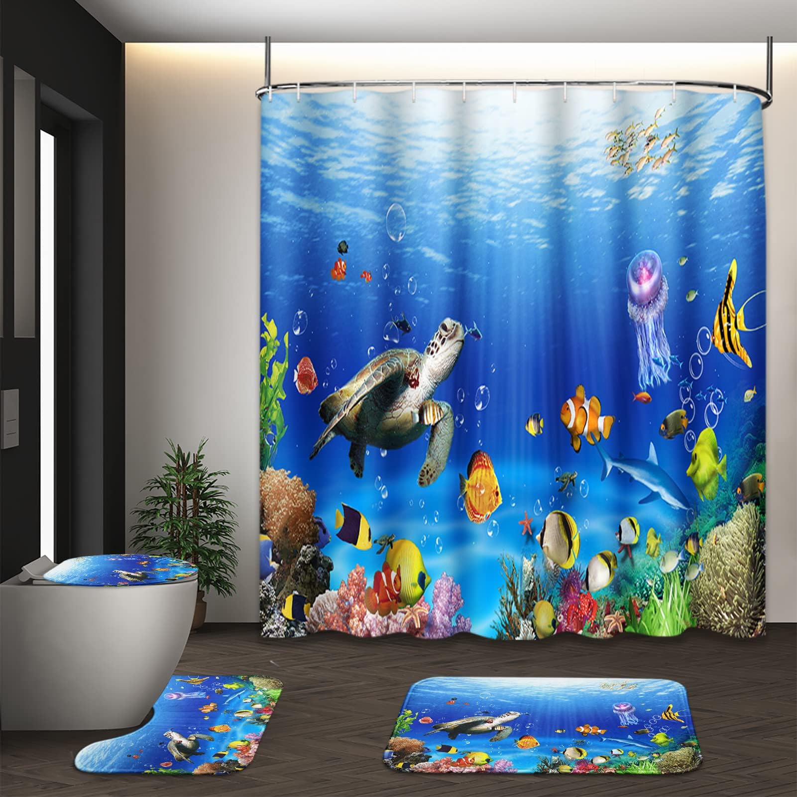 4 Piece Sea World Kids Shower Curtain Sets Bathroom Decor