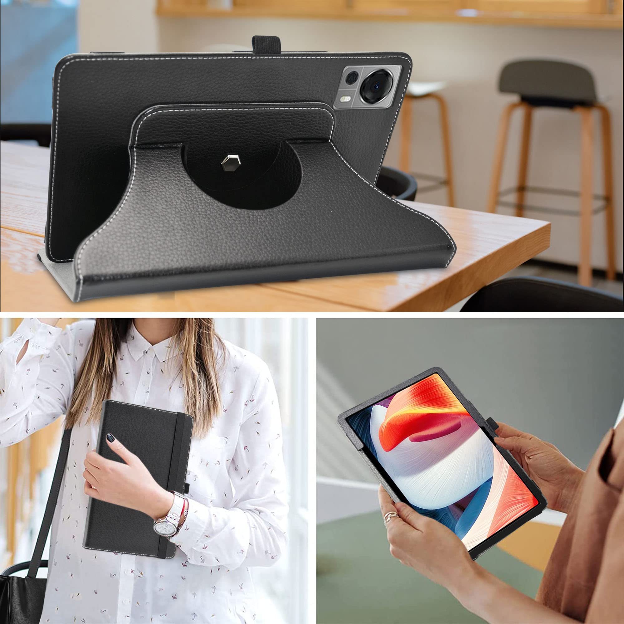 MAMA MOUTH Hülle Für DOOGEE T20 Ultra/T40 Pro (12") – 360° Drehbarer Ständer-Cover Aus Kunstleder, Schwarz