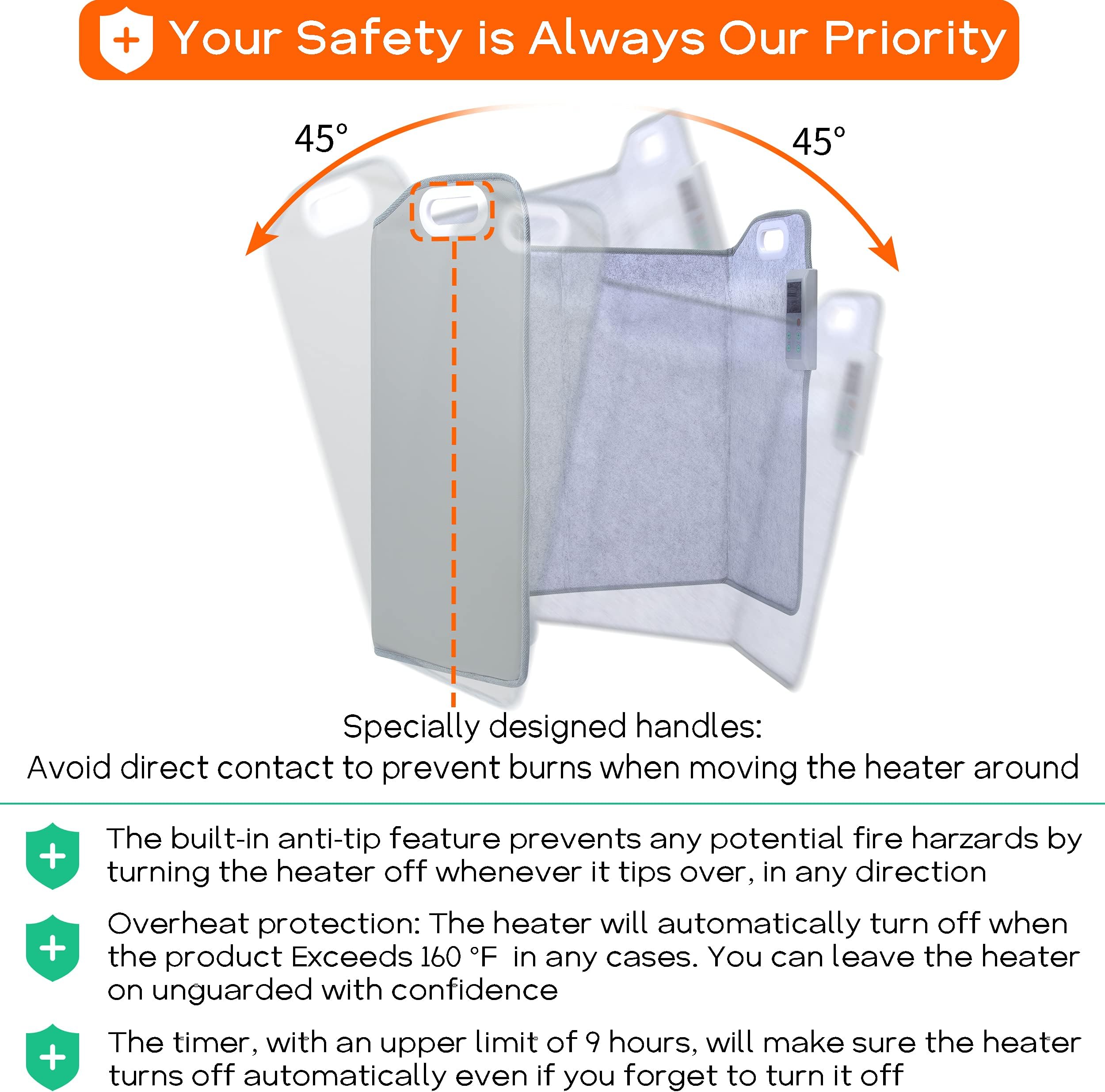 Portable Space Heater for Office and Home, Foldable, Quiet Floor Foot Warmer Under Desk for Leg and Feet, Personal Electric Panel Space Heater with Thermostat and Timer, with Auto Shut Off