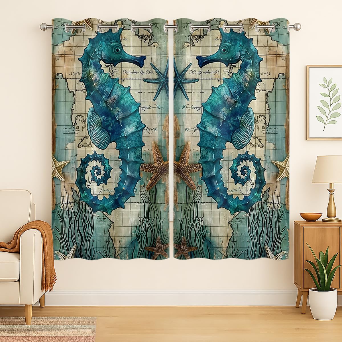 Seahorse Blackout Curtains for Girls Boys Kids Home Decor, Ocean Nautical Beach Sea Animal Coral Reef Grommet Thermal Insulated Drapes Darkening Window Curtain for Bedroom Living Room, 42 x 63 Inch