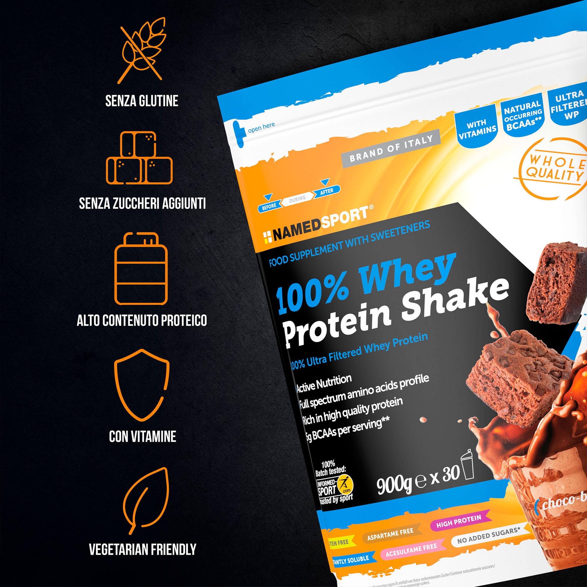 NAMEDSPORT 100% Whey Protein Shake Choco Brownie | Proteine in Polvere Isolate | Proteine del Siero del Latte per Massa Muscolare e Recupero | Low Sugar & High Protein | 900g Brownie al Cioccolato
