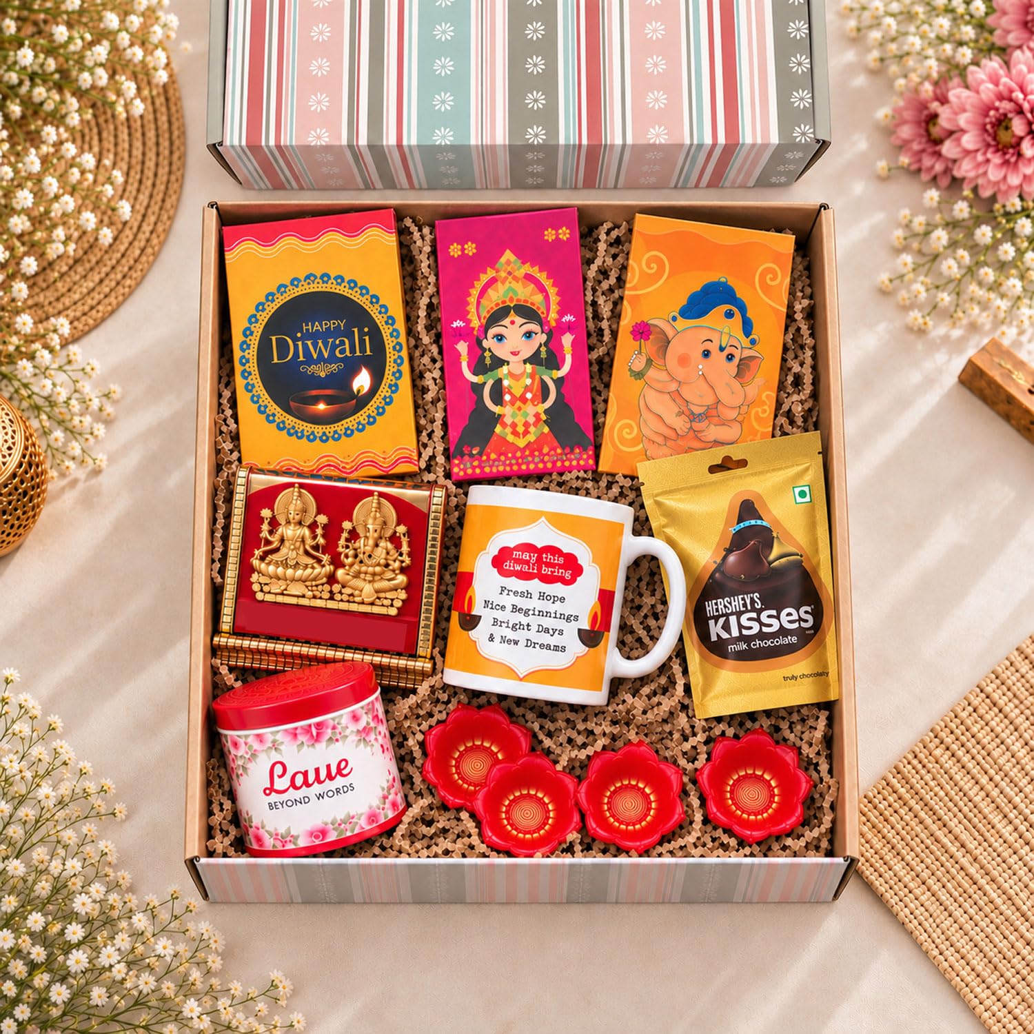 exciting Lives Diwali Chocolates and Dry Fruits Gift Hamper - Decorative Diyas, Ceramic Mug, Greeting Cards and Festive Gift Box, Ideal Diwali Gift for Family, Friends, Colleagues and Corporate