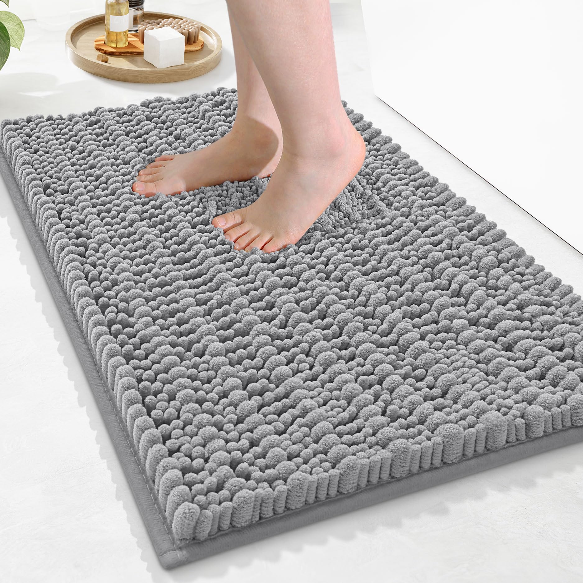 Luxury Chenille Bathroom Rug Mat, Extra Soft Thick Absorbent Shaggy Bath Rugs, Non-Slip Machine Wash Dry, Plush Bath Mats for Bathroom, Shower and Tub, 24x16, Light Grey