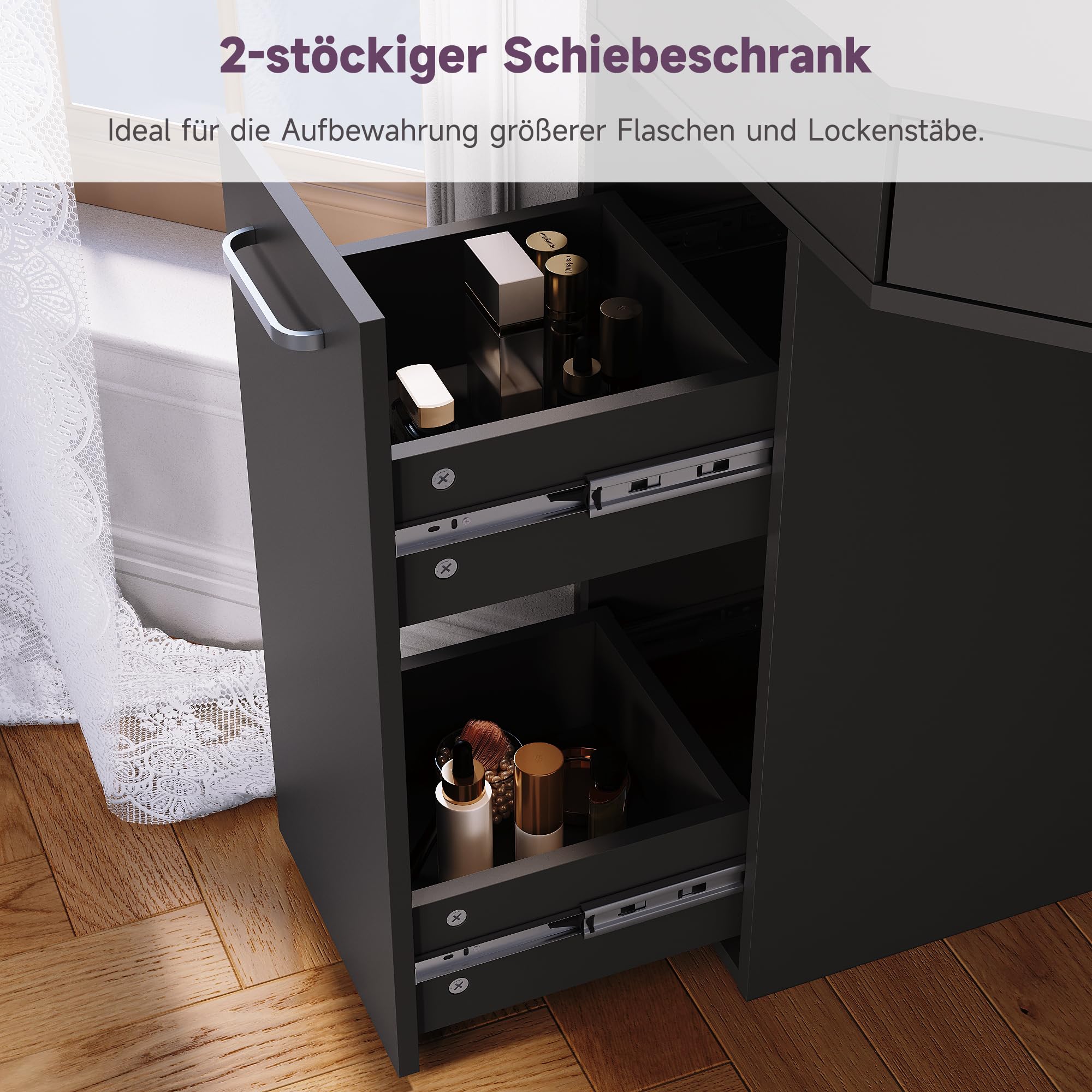 SONNI Eck Schminktisch mit Dreifachspiegel & 3-Farben LED Beleuchtung, 110x54x141.5cm, Kosmetiktisch mit Schubladen, Auszugsschrank, Regale, 3 Offene Fächer, Frisiertisch für Schlafzimmer, Schwarz