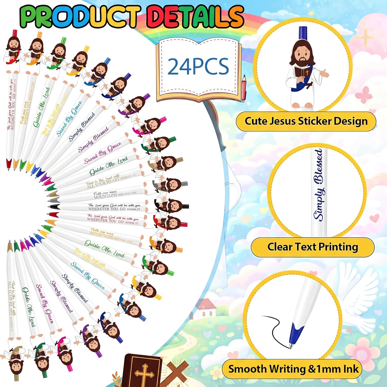 Engrowtic Christian Jesus Pens Bulk Bible Verse Ballpoint Pens Jesus Ballpoint with Inspirational Quote Religious Church Gift for First Communion Sunday School Baptism Party Favors(Multicolor,24 Pcs)
