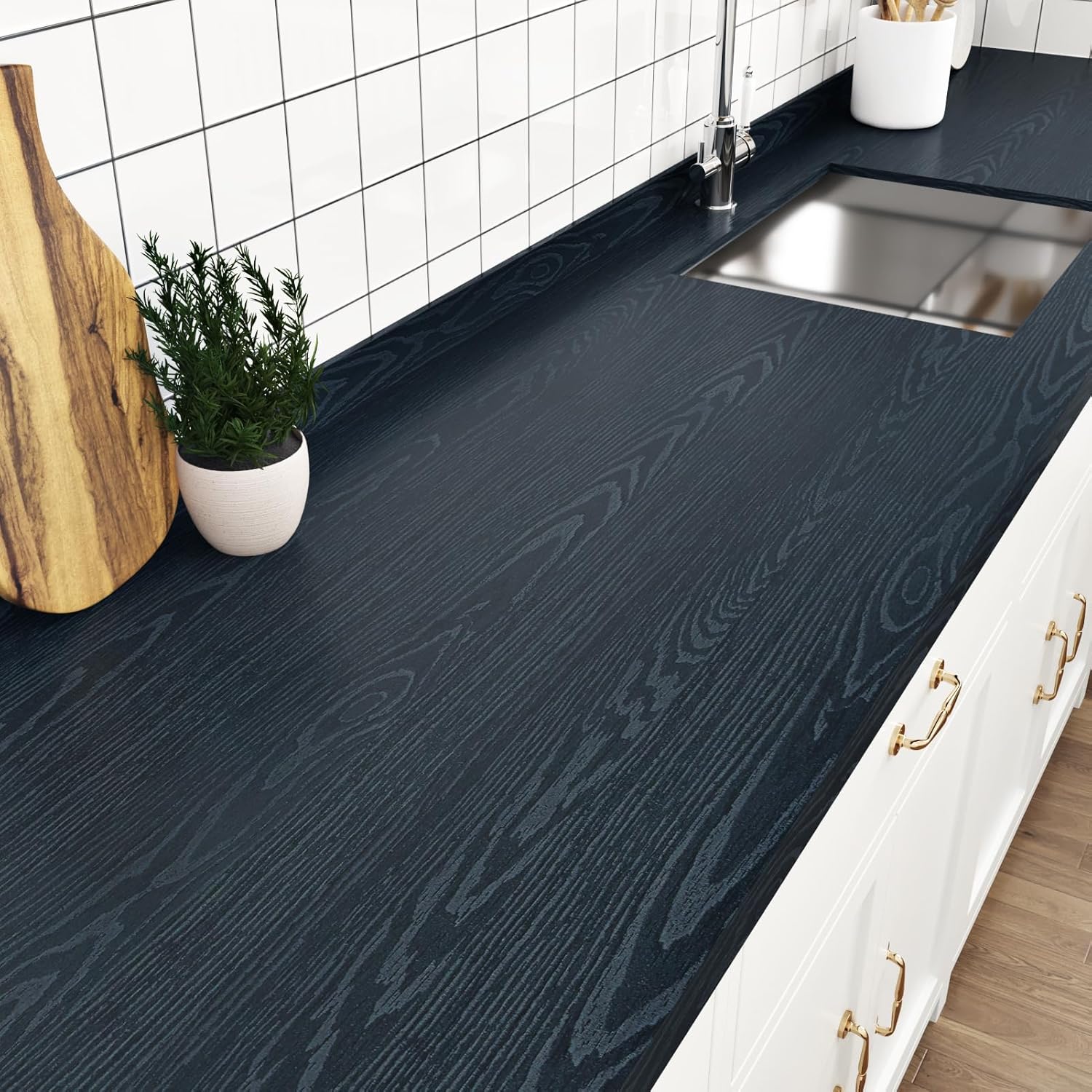 Navy Blue Wood Contact Paper for Countertops Peel and Stick Wood Wallpaper Navy Blue Contact Paper 24"x118" Realistic Wooden Vinyl Removable Wall Sticker Textured for Cabinets Kitchen Tables