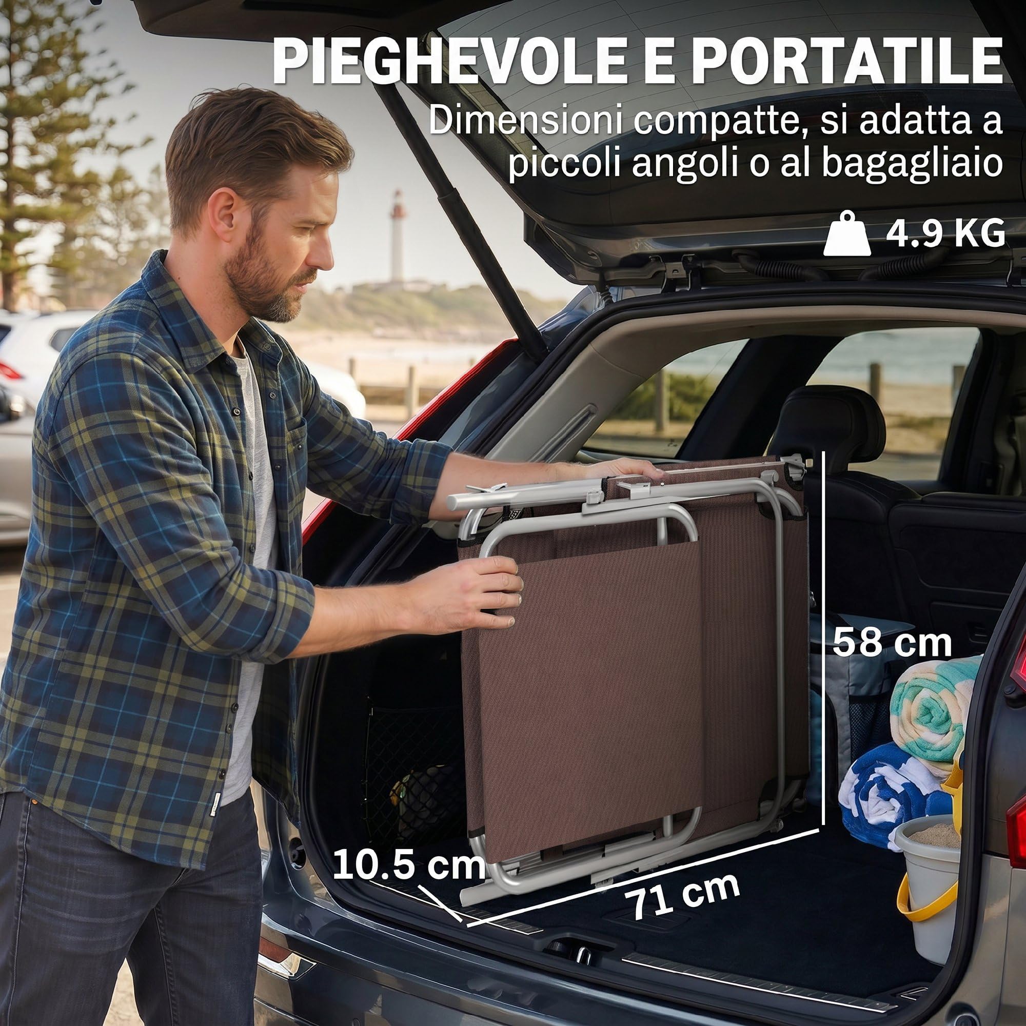 Outsunny Lettino Prendisole da Giardino Pieghevole Regolabile Marrone | con Tettuccio, Schienale Regolabile, Sdraio da Giardino, Tessuto Oxford e Metallo, per Spiaggia, Piscina, 187x58x36 cm