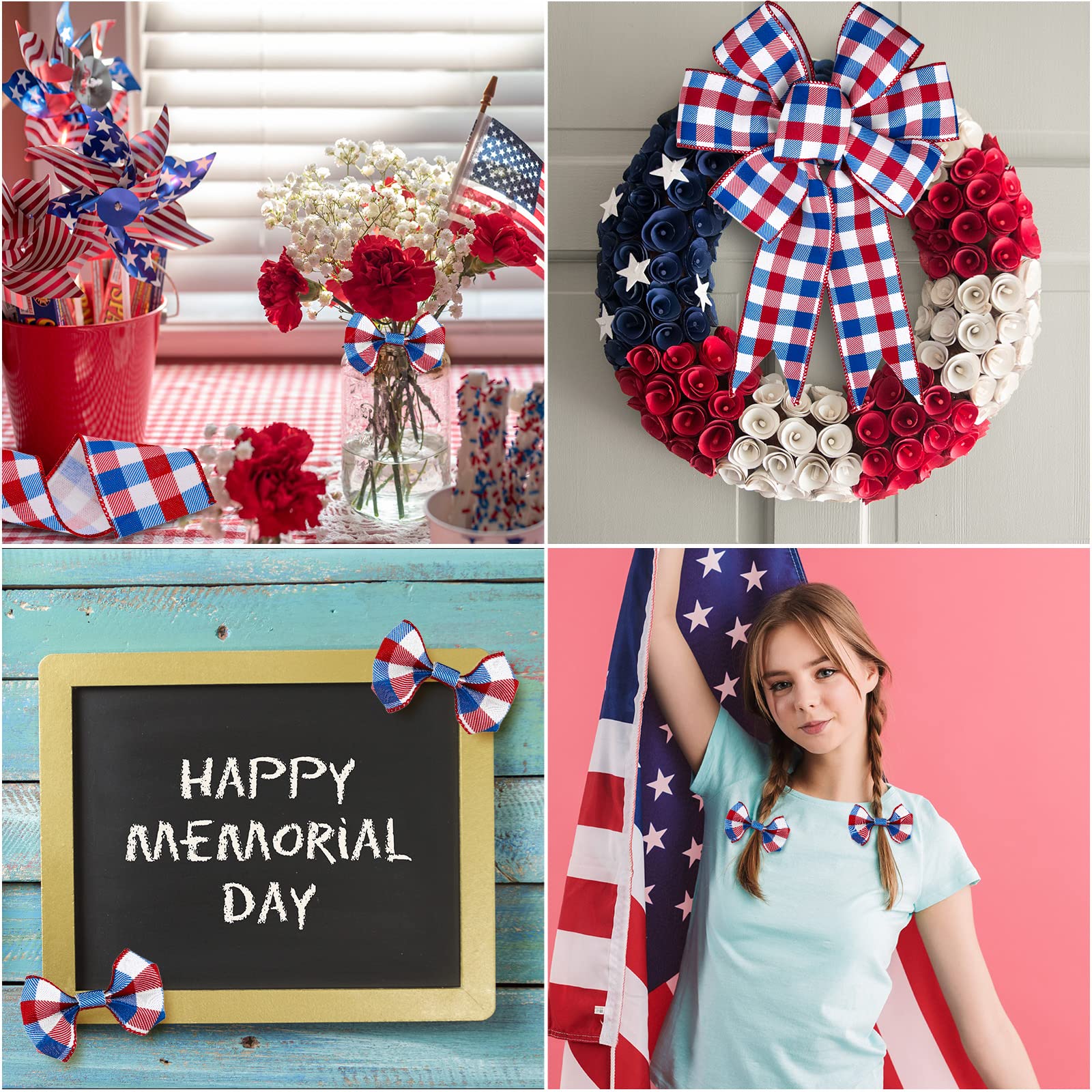 Whaline 2 Rollen 4. Juli Drahtrand Plaids Band Patriotisches Büffelkaro Band Rot Blue Plaids Ribbon 6,3 cm Bauernhaus Bastelband für Independence Day DIY Geschenkverpackung Schleife Dekor, 9,1 m