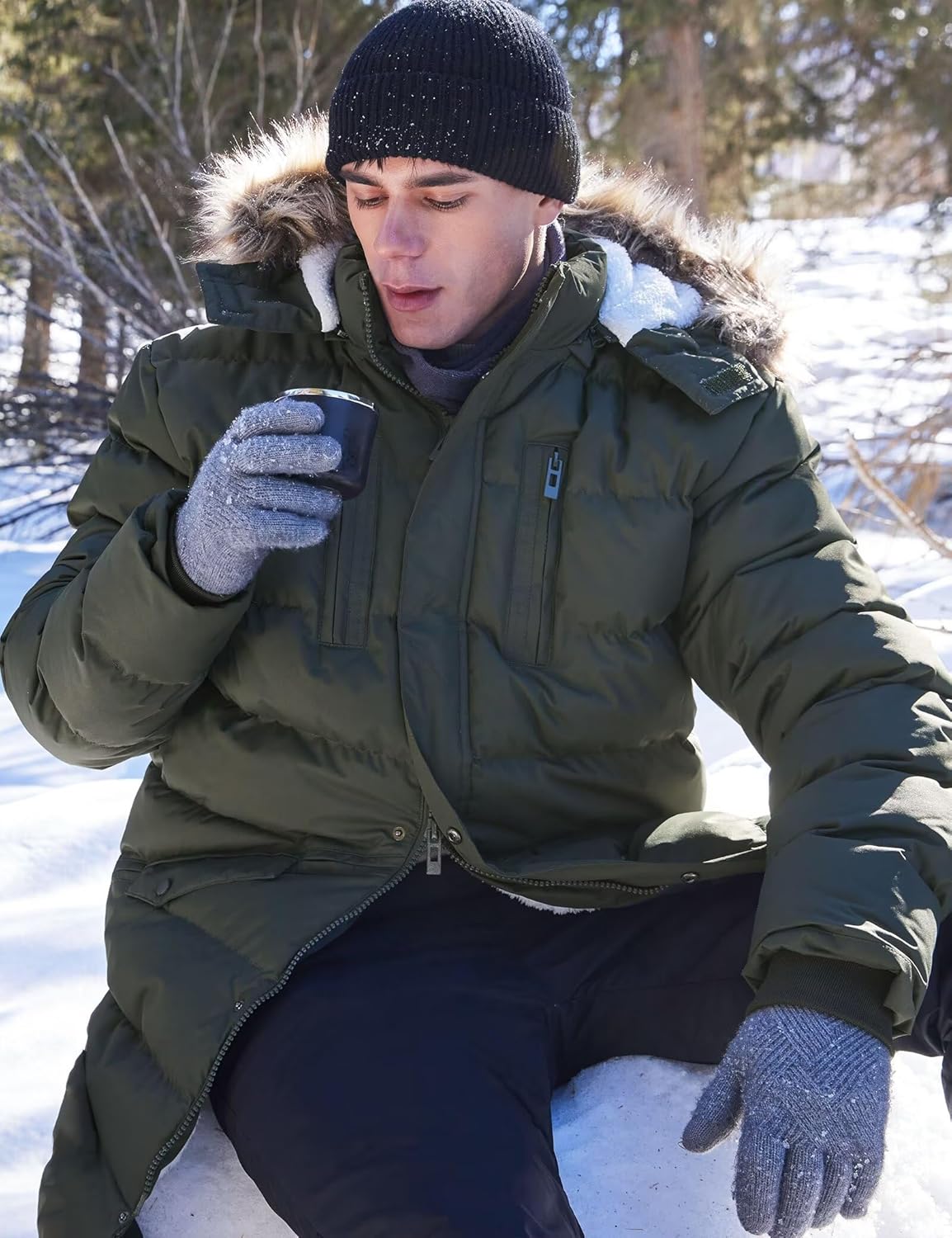 Men's Long Winter Coats Warm Water Resistant Puffy Hooded Windbreaker Insulated Thicken Jackets with Hood Army Green Small - Image 5