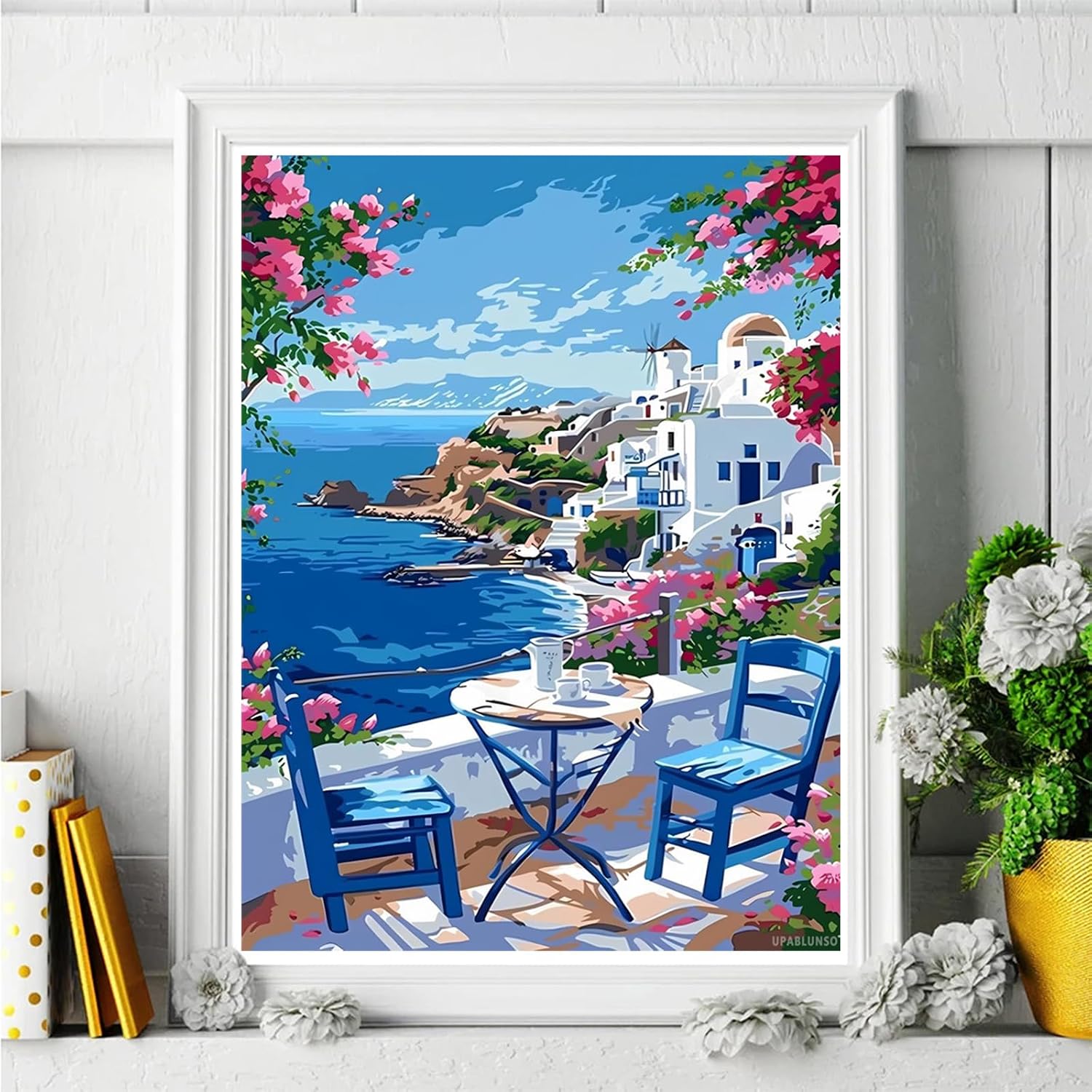 UPABLUNSO Greek Coffee in Santorini Diamond Painting Kit Handmade Hobbyist Santorini Diamond Painting 5D Round Diamond Cross Stitch Crafts Wall Decoration Gifts 12x16in/30x40cm