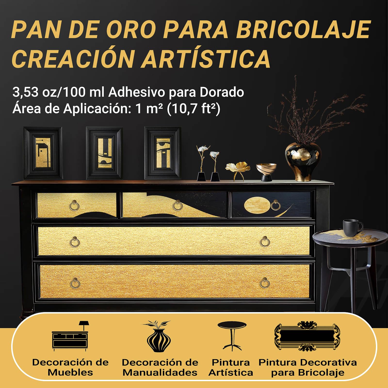 Juego de adhesivos dorados, 100 ml, adhesivo y barniz a base de agua, hoja dorada y champán, kit de dorado para decoración de muebles y manualidades, pintura artística, decoración DIY