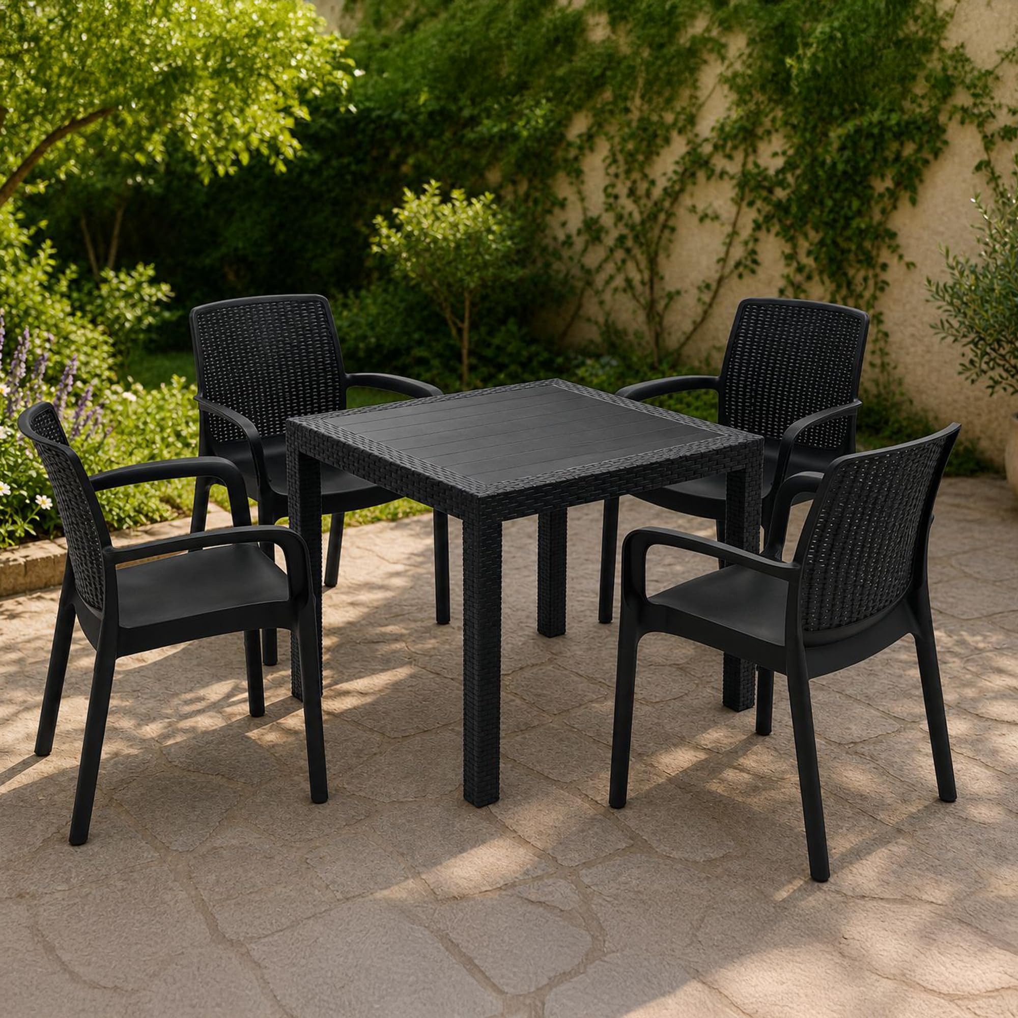 Dmora Set Salotto da Esterno Viterbones Nero Antracite 4 Posti Un Tavolino, Salottino Outdoor Impermeabile Idrorepellente Made in Italy
