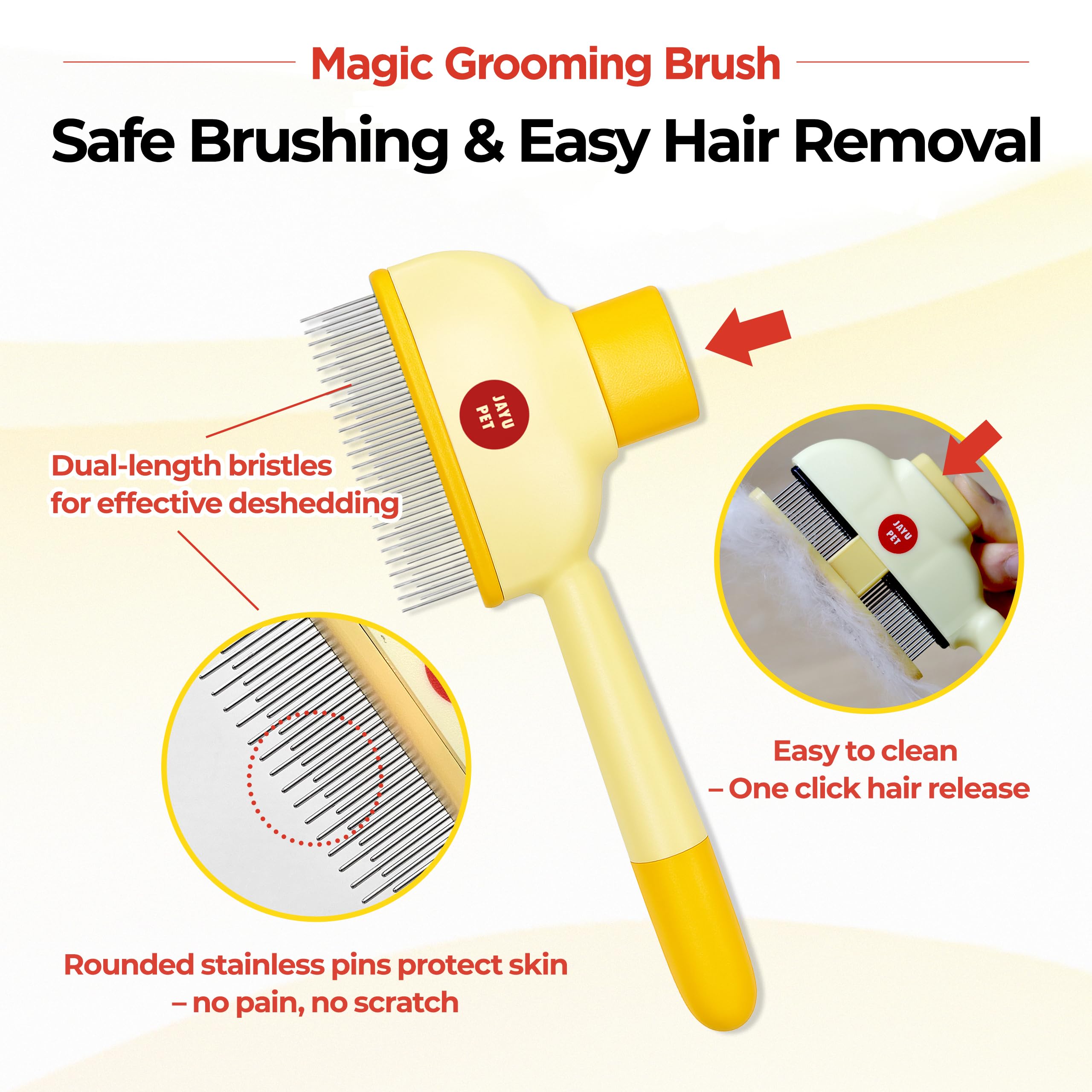 JAYU PET Magic Grooming Brush, Cat Brush for Shedding Dual-Length Stainless Steel Bristles, One-Click Self-Cleaning - Image 3