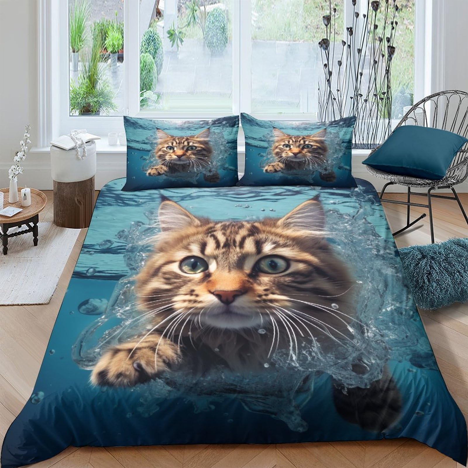 Housse de couette chat 200x200 cm avec 2 taies d'oreiller en microfibre