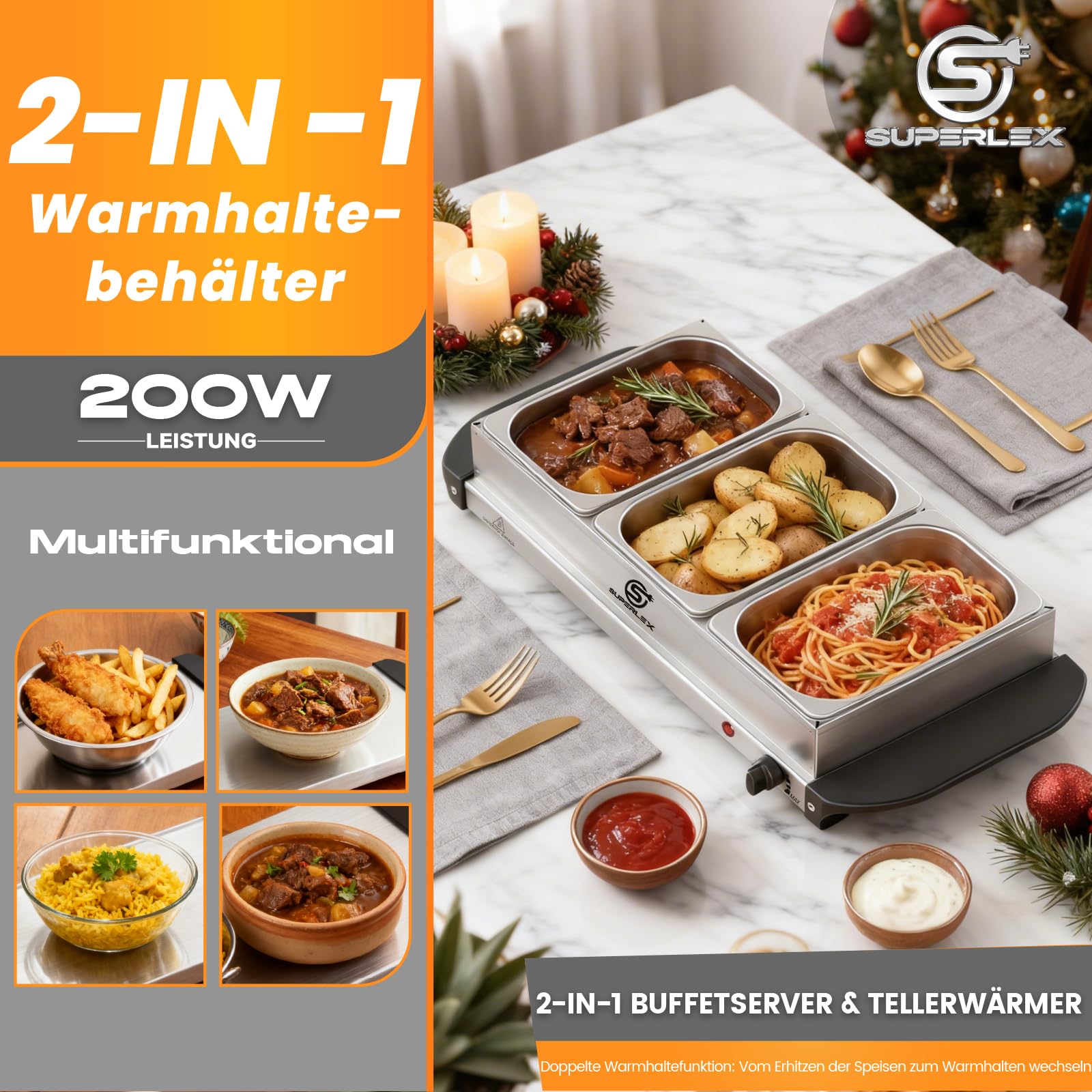 Placa calentadora 2 en 1 y calentador de buffet de acero inoxidable, 200 W, con 3 recipientes de 1,5 l, calor uniforme, calentador de alimentos para bufés, fiestas, cenas familiares, catering