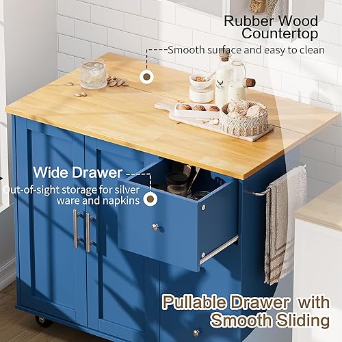 Miniatura 4 de SUNLEI Isla de cocina con ruedas con armario de almacenamiento y hoja plegable, mesa de cocina rodante, asa de carrito para toallero, hoja caída,