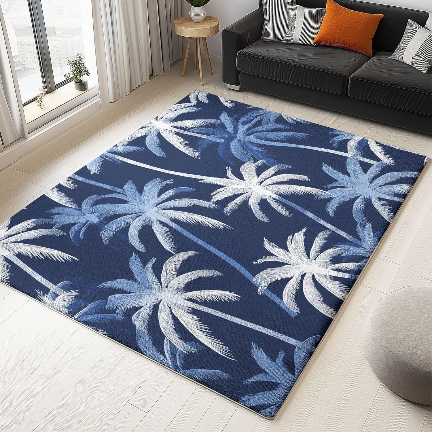 Navy Colours Machine Washable Rug 4 x 6 ft, Palm Tree