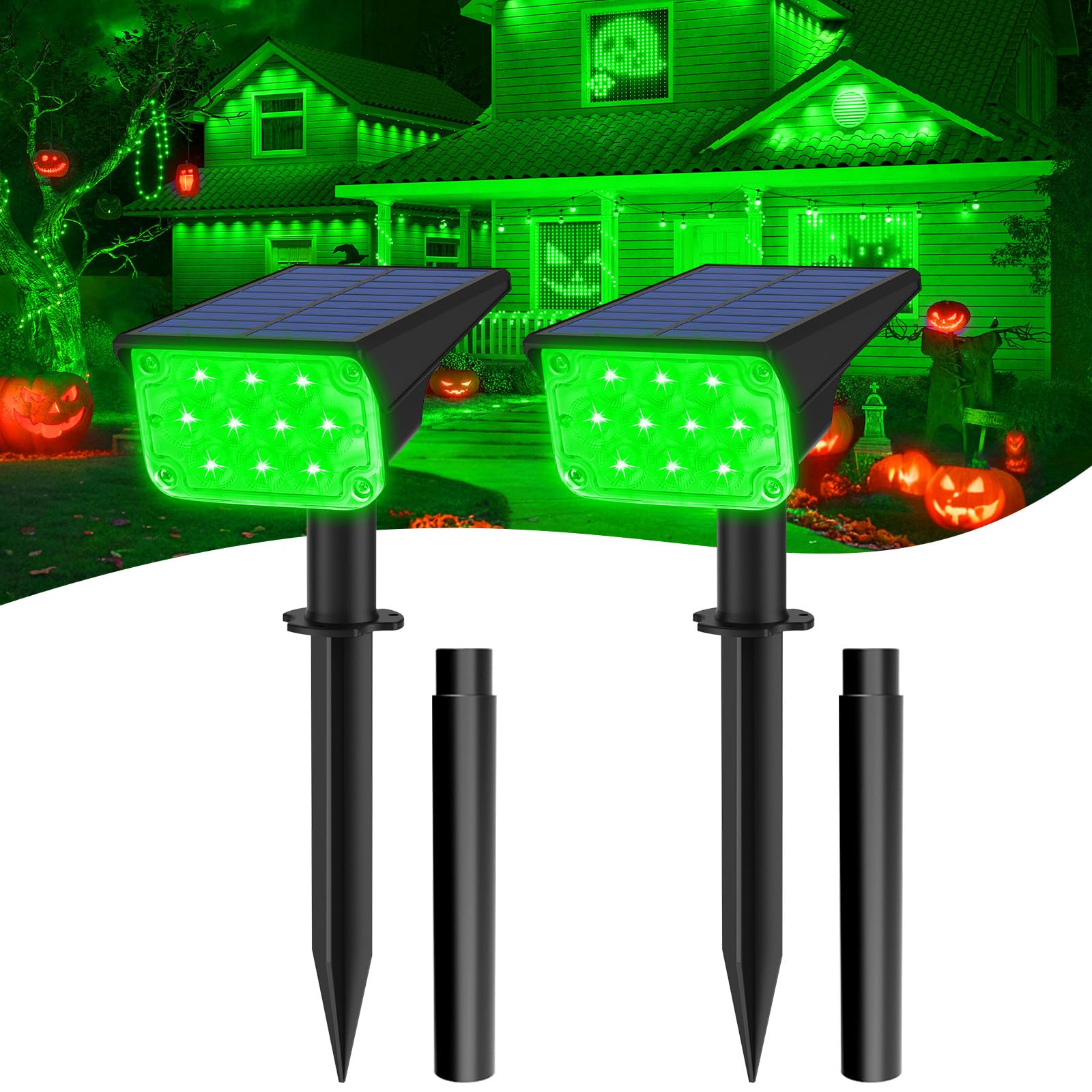 Green Solar Lights 2 Pack, IP65 Waterproof 4 LED Solar Spotlight Wall Light, Auto-on/Off Security Light Landscape Light For Tree,Patio,Yard,Garden,Driveway,Pool Area