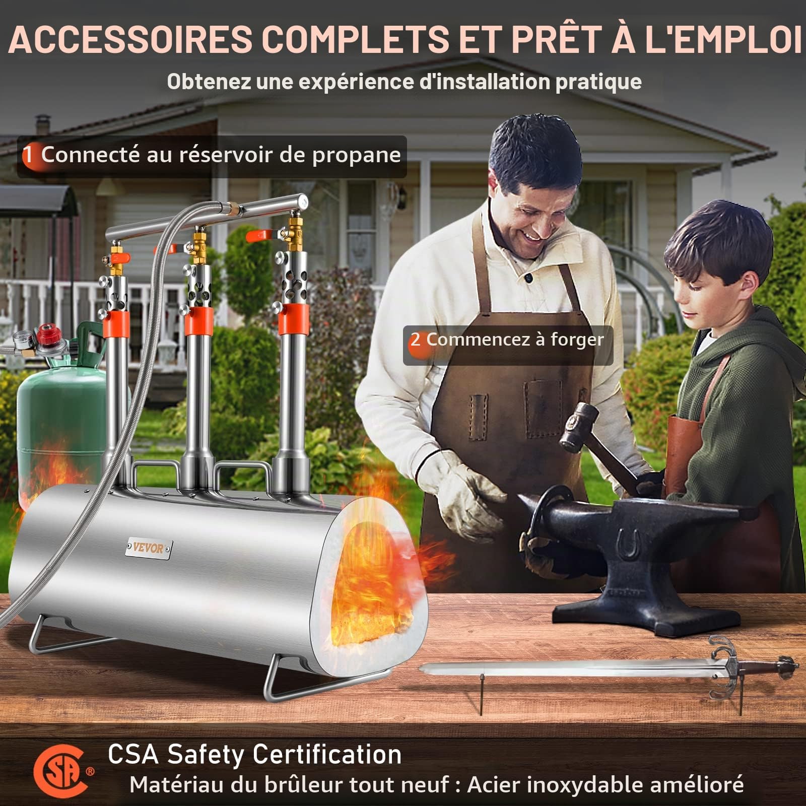 VEVOR Forge à Gaz Propane Portable, Four de Forge à Gaz Ovale avec 3 Brûleurs, Température Max 1427 ℃, Outils et Équipements de Forgeage au Gaz en Inox, pour Couteliers Maréchaux-Ferrants Forgerons
