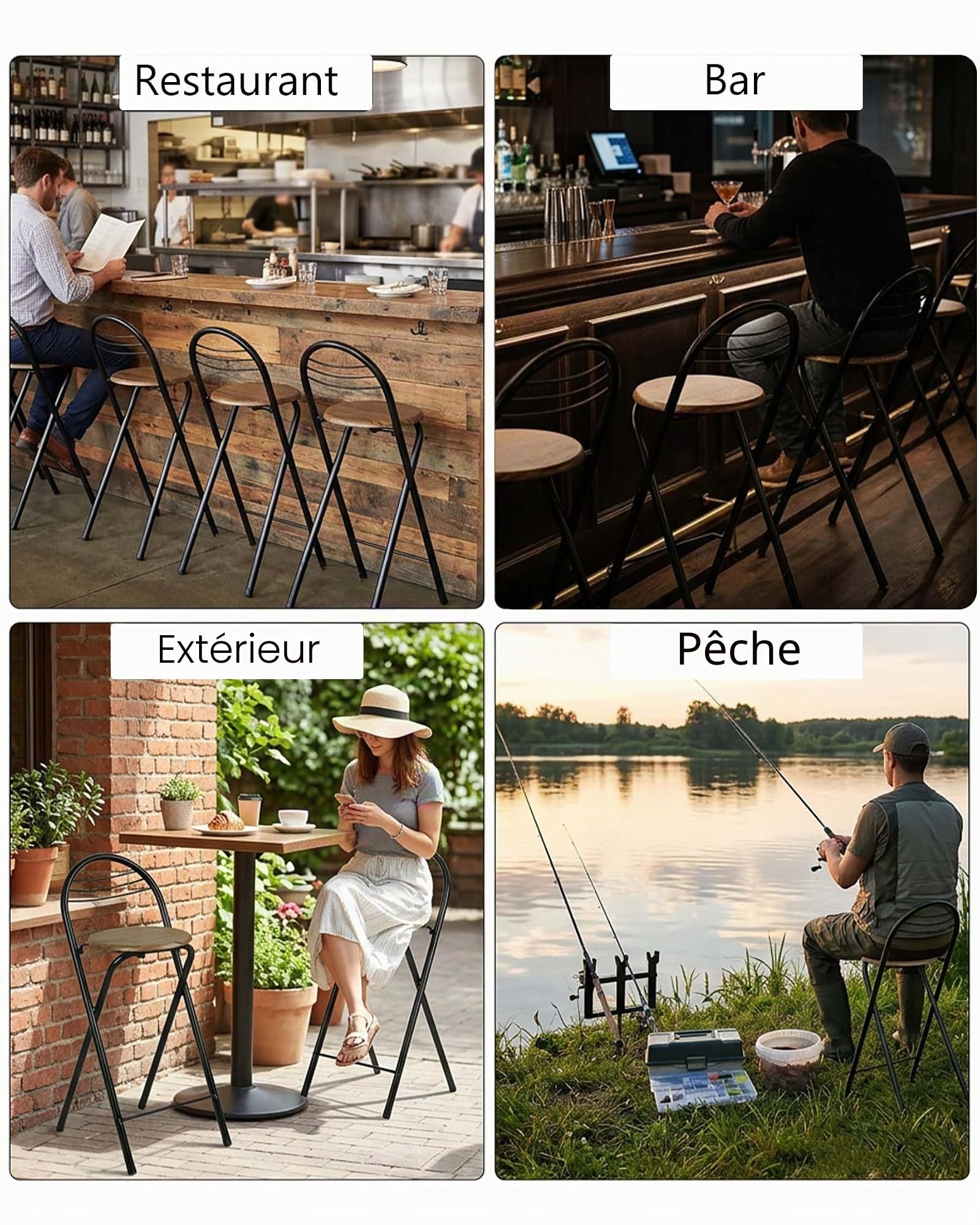 Lot de 4 Tabouret Bar Pliant Noir Tabouret Pliable avec Dossier, Chaise de Bar Pliante en Métal avec Siège en Bois et Repose-Pied, Intérieur & Extérieur, Hauteur 60 cm