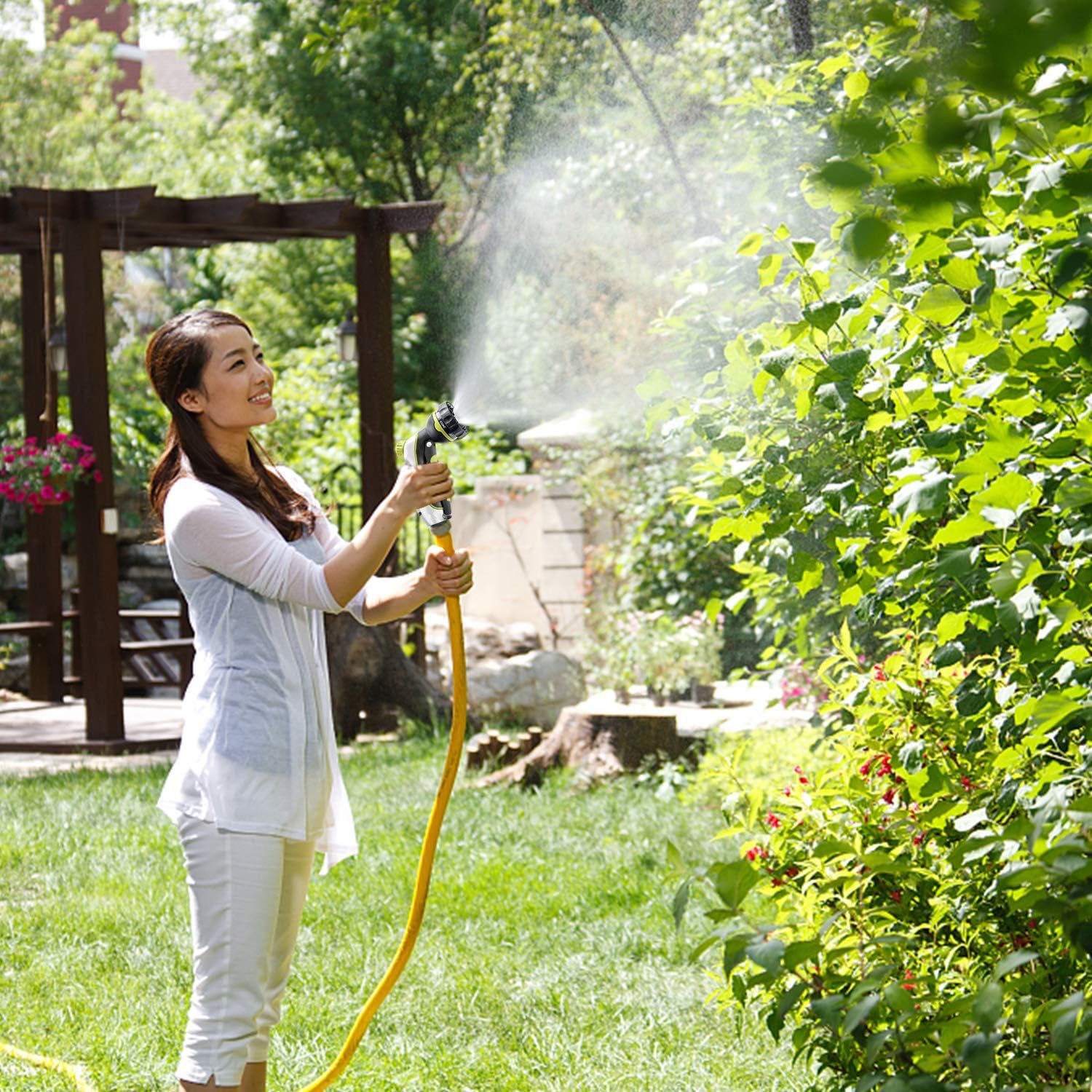 Mozing Expandable Garden Hose - Heavy Duty Flexible Expanding Hose with 3/4 Solid Brass Fittings & Premium 8 Functions Hose Nozzle (Nozzle)