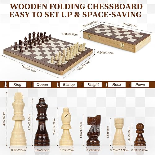 Miniatura 3 de Juegos de ajedrez magnéticos para niños y adultos, tablero de ajedrez de madera de 15 pulgadas con piezas, juego de ajedrez portátil de viaje con