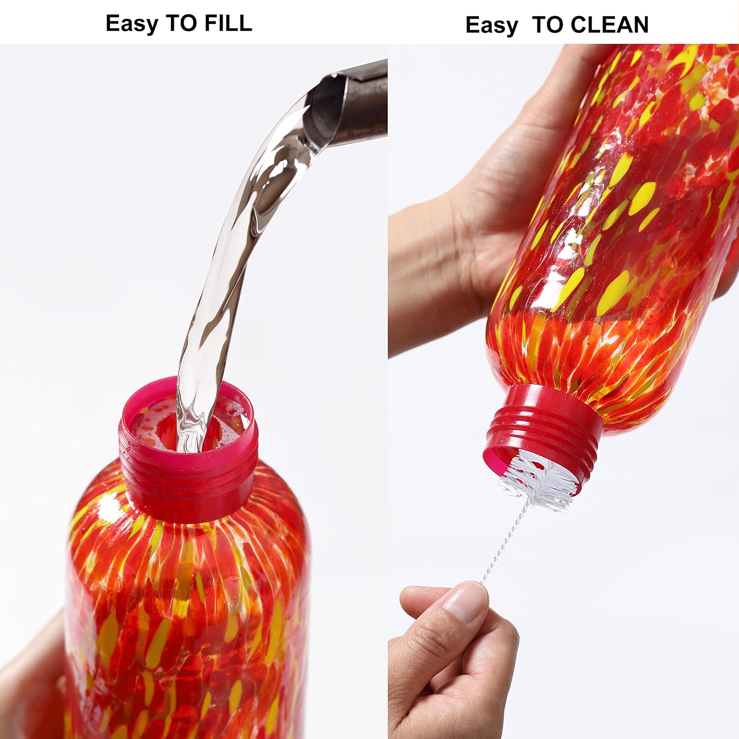 28oz Glass Hanging Hummingbird Feeder for Wild Birds, Garden Decoration, Unique Gardening Gifts for Bird Watchers and Children, Easy to Install Clean Refill, Include Hook (Flame Color) image 5