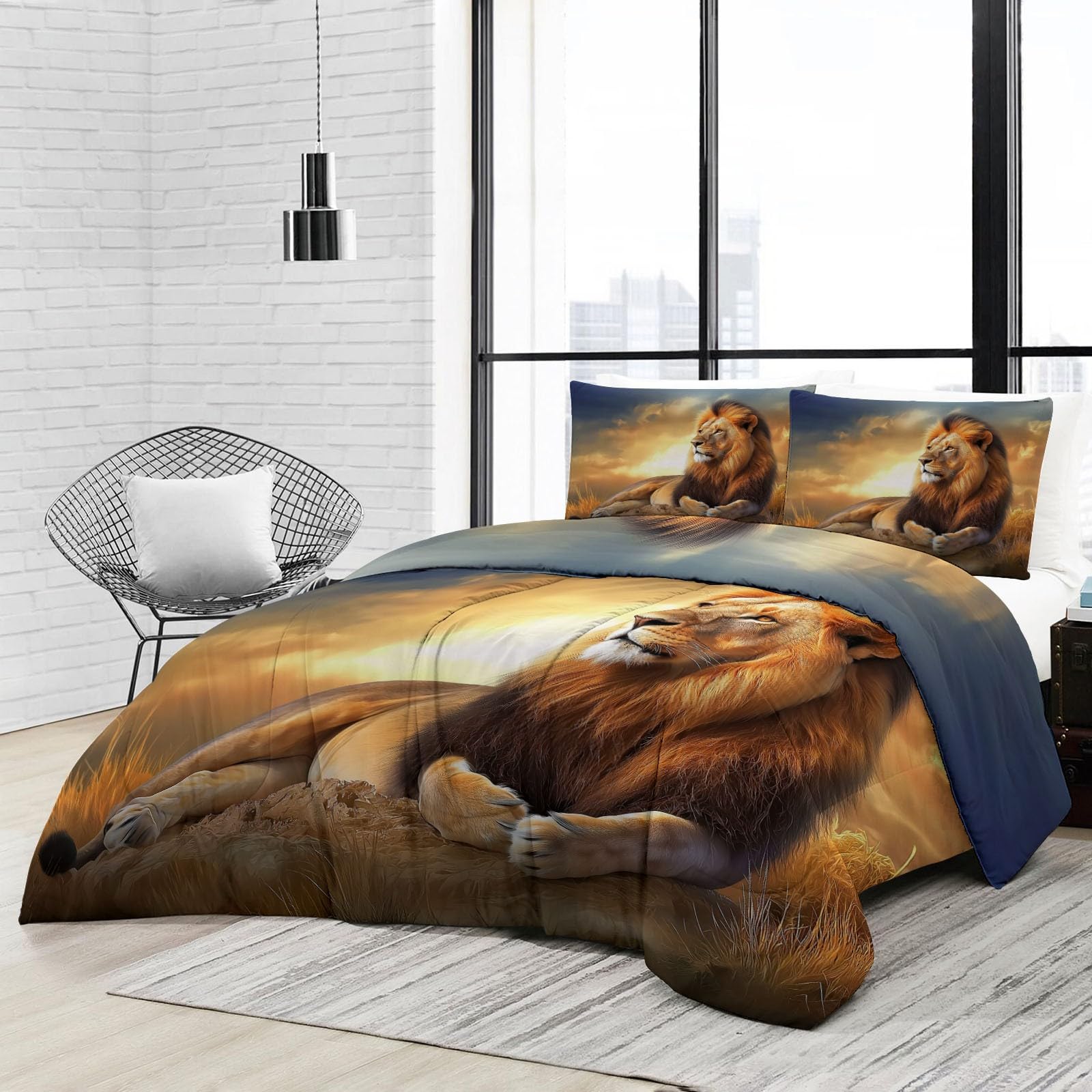 Kołdra pikowana na 4 pory roku, 155 x 220 cm, z naturalnym zwierzęciem, lwem, ciepła i miękka kołdra do spania bez poszewki na poduszkę, granatowa