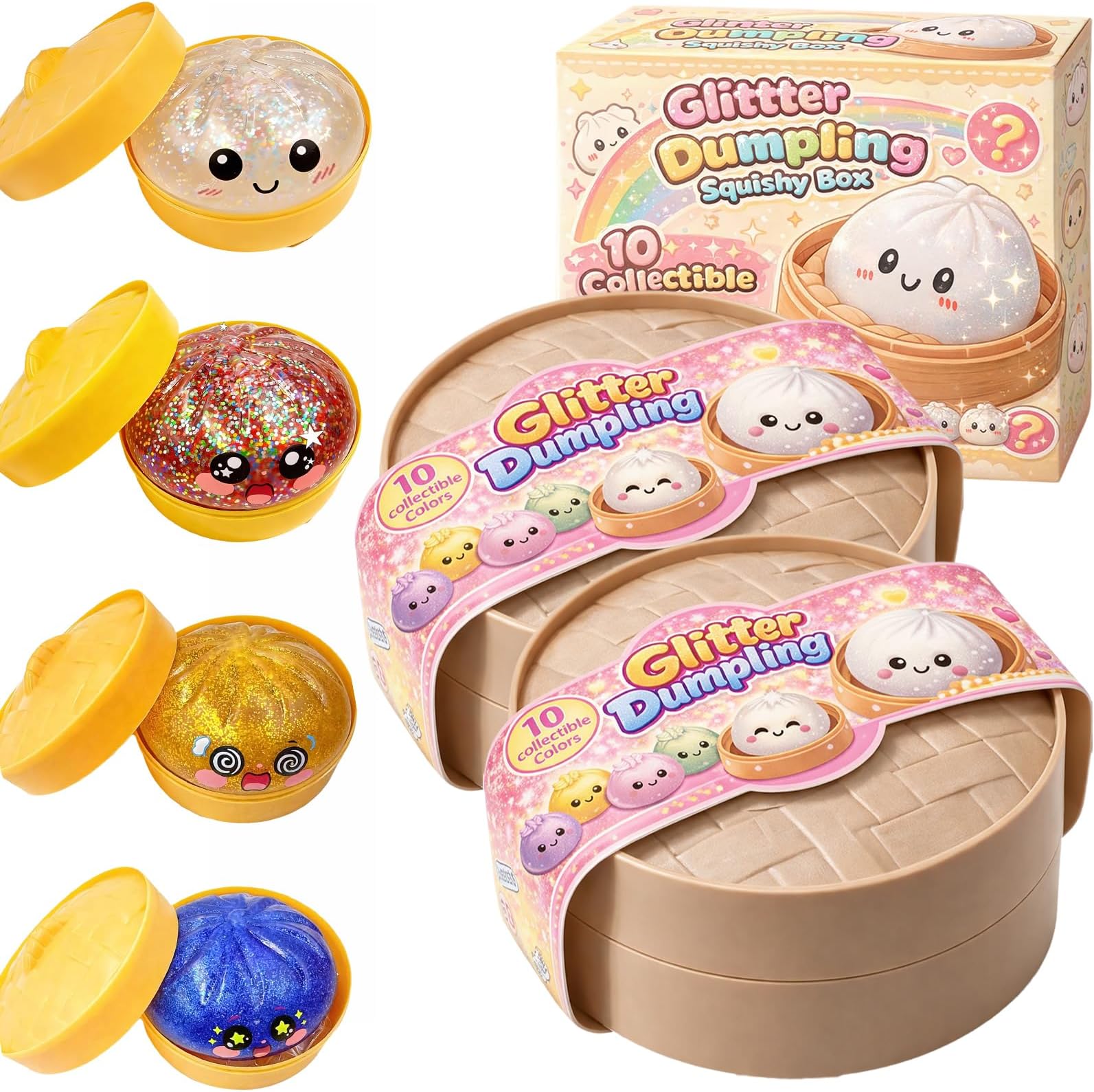 Dumplings Squishy, Glitter Dumpling Squishy, Squishiest Dumplings with Steamer Box, Random Color, Non-Edible, Find the Ultra-Rare White Glitter Variant (Random-Set A,2Pc)