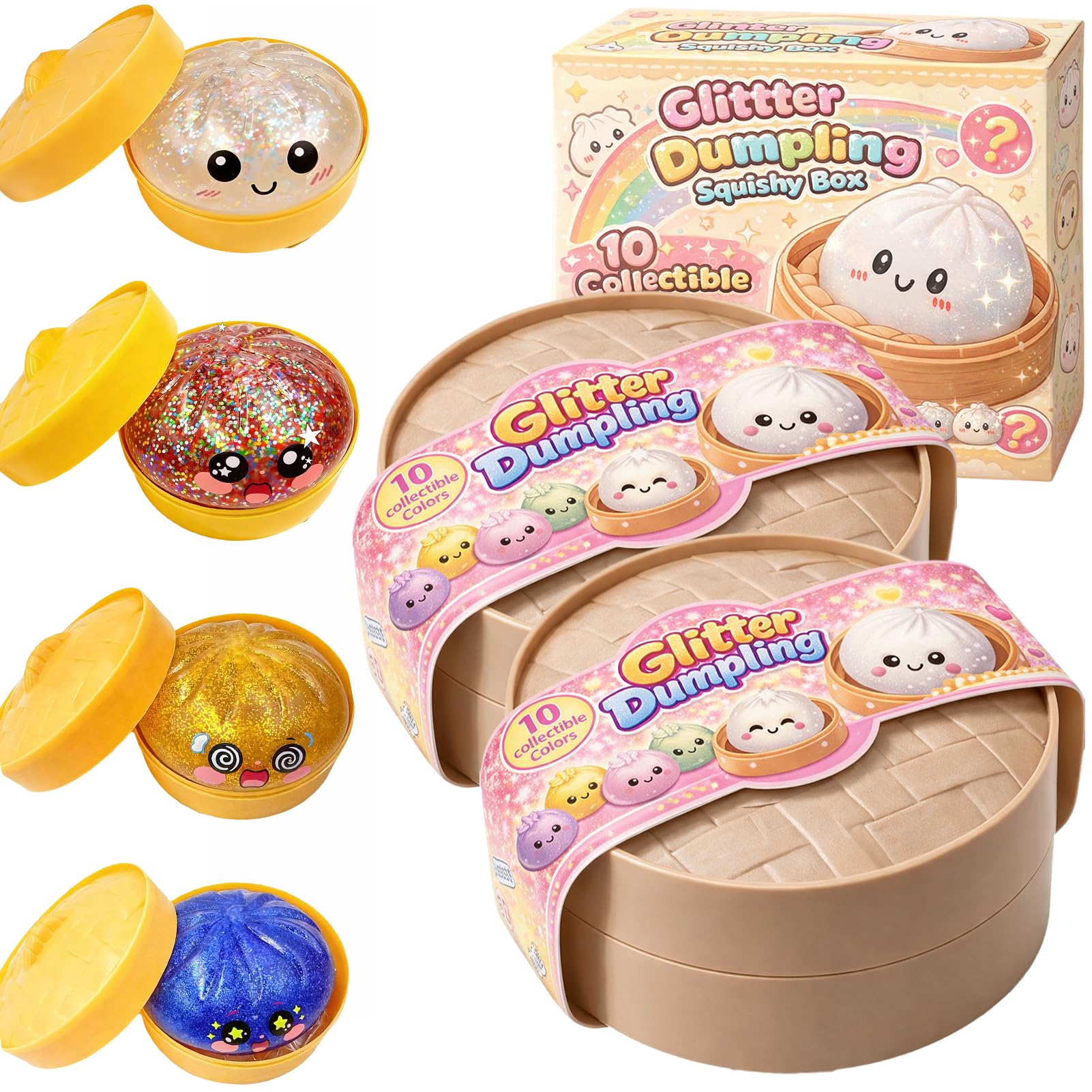 Dumplings Squishy, Glitter Dumpling Squishy, Squishiest Dumplings with Steamer Box, Random Color, Non-Edible, Find the Ultra-Rare White Glitter Variant (Random-Set A, 2Pc) — image 1