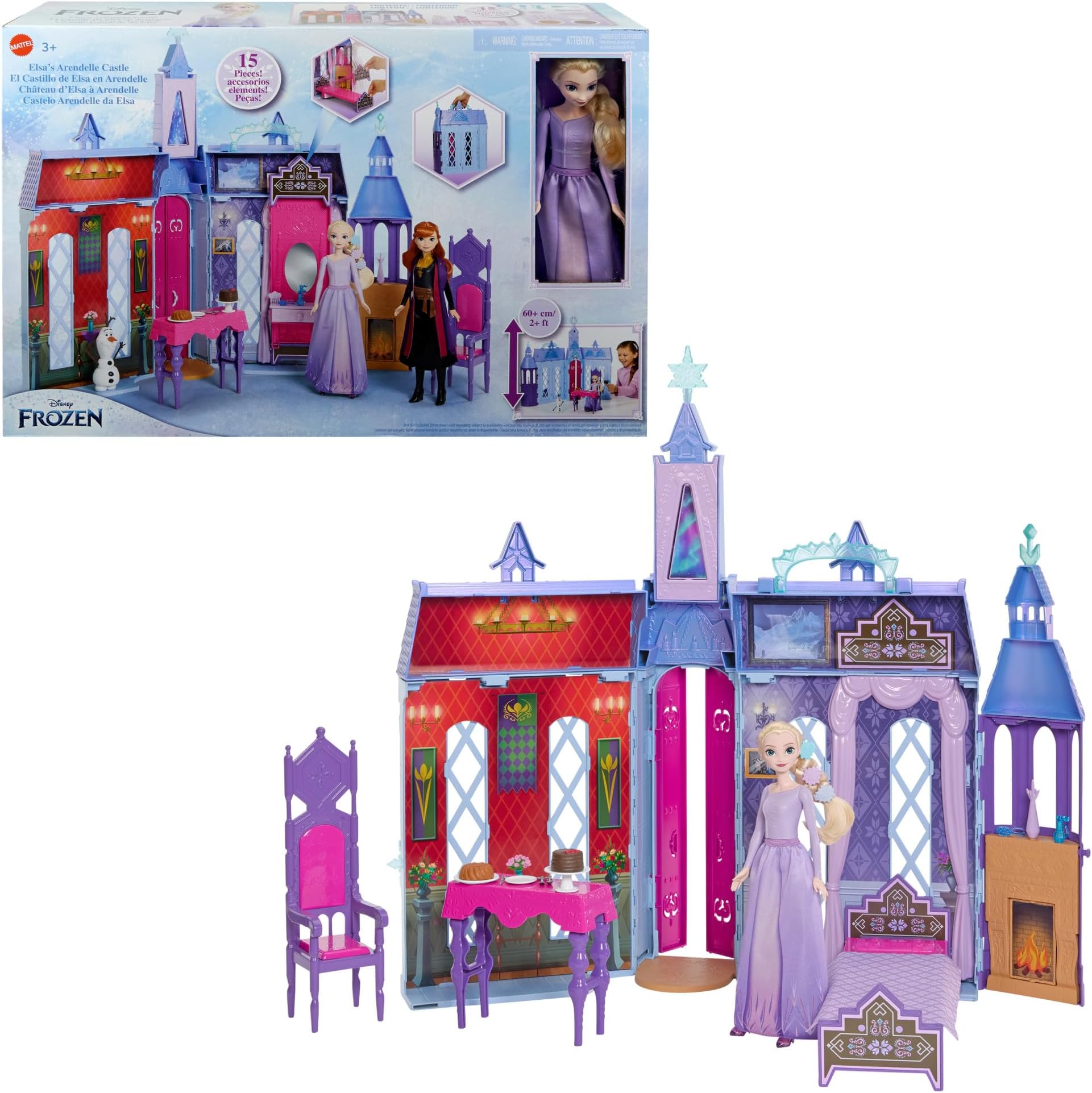 Disney Frozen Elsa's Arendelle Castle, 60 cm Dollhouse with Carrying Handle, Includes One Elsa Doll and 15 Doll Accessories, Toys for Ages 3 and Up, One Playset, HTP22