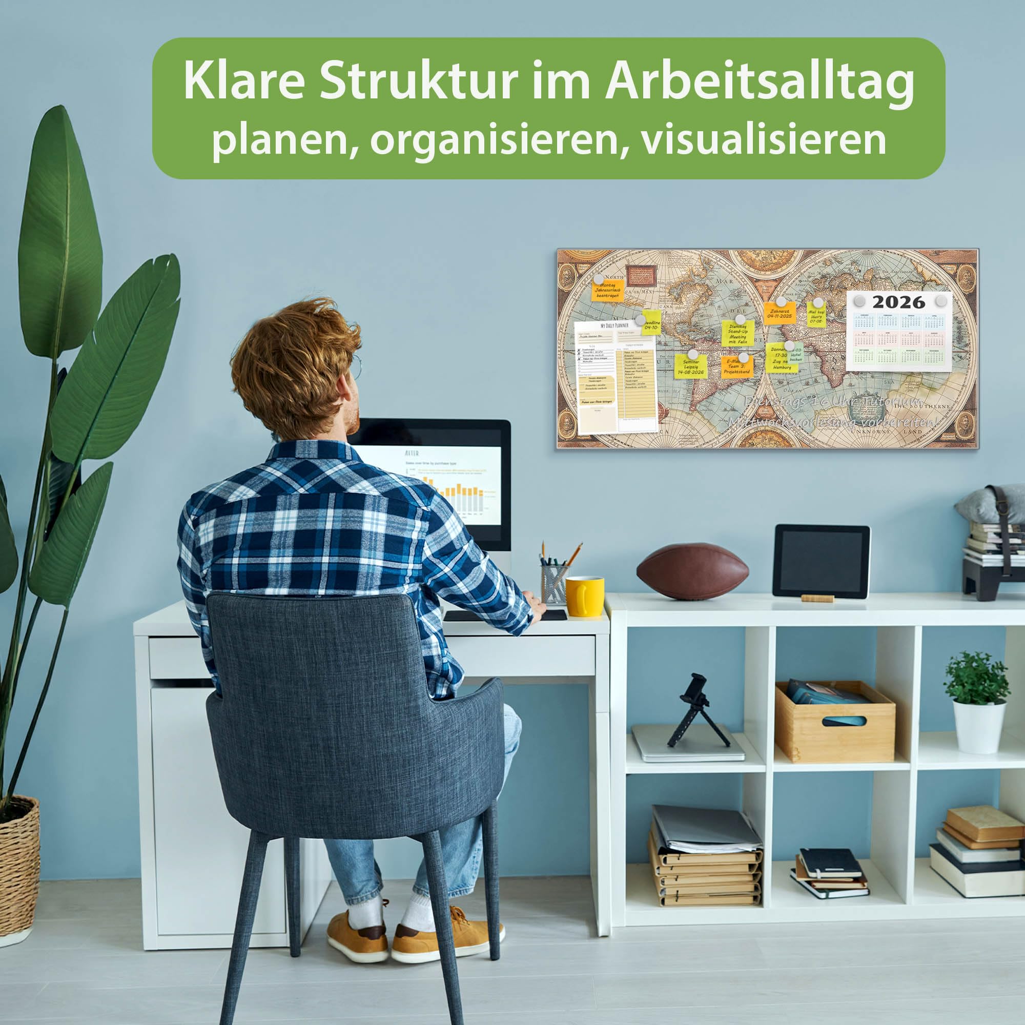 banjado Magnettafel Metall 78 x 37cm - beschreibbare Magnettafel - Metall Pinnwand als Memoboard - Magnetwand Küche, Büro, Kinderzimmer Grau inkl. 4 Magnete & Montageset - Motiv Historische Weltkart