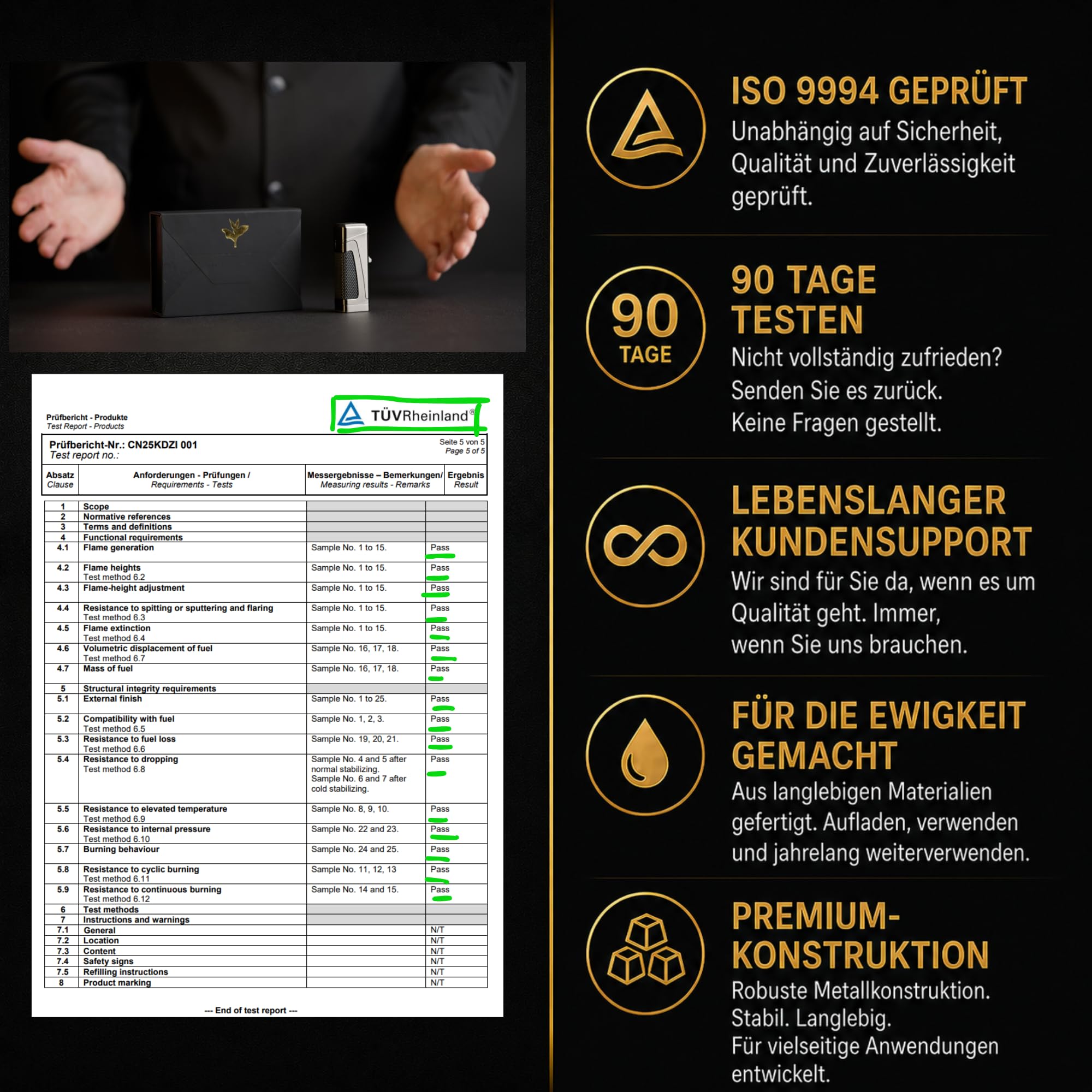 Trinitá by L Áficionado® Luxus Jetflame Feuerzeug | Feuerzeug Geschenk für Männer | Sturmfeuerzeug Nachfüllbar | Edles Geschenkbox | Lebenslanger Support | Satin Schwarz