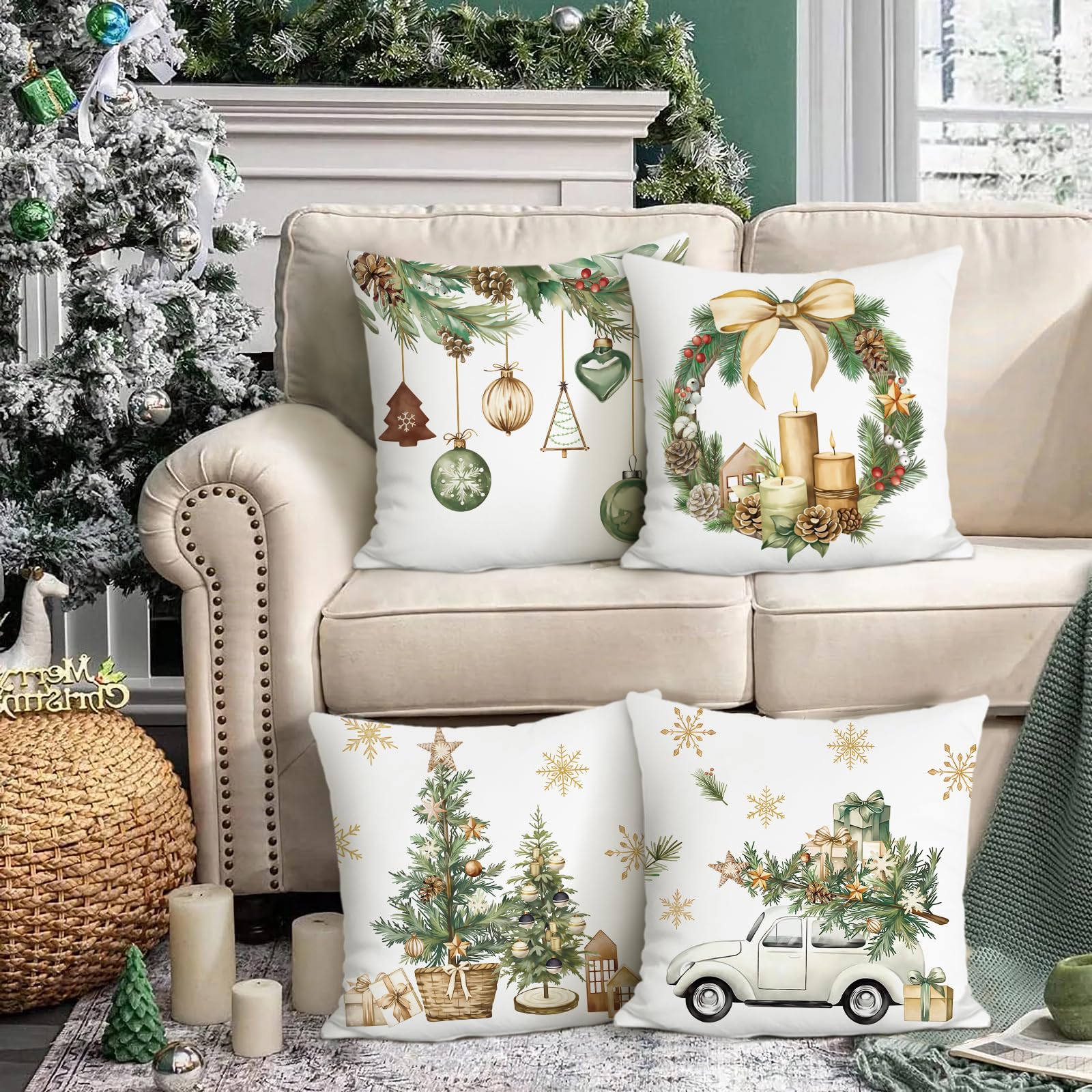 Bonhause Winter Christmas Cushion Covers 45 x 45 cm Xmas Trees Balls Pine Leaves Cones Truck Decorative Throw Pillow Covers for Sofa Couch Bed Home Winter Holiday Decor Set of 4 - Image 3