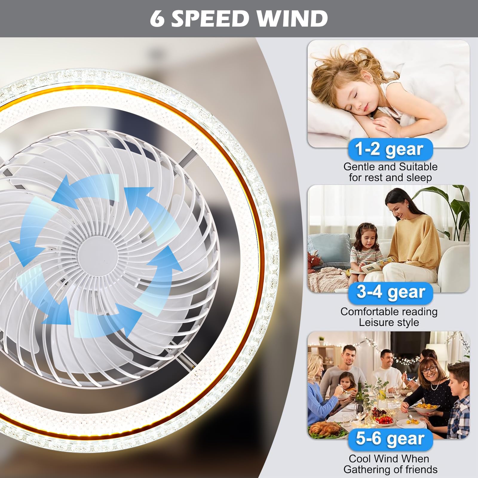 LED Deckenleuchte mit Ventilator, 72W Dimmbar Timer, Fernbedienung, 360° Drehung, Gold 49cm
