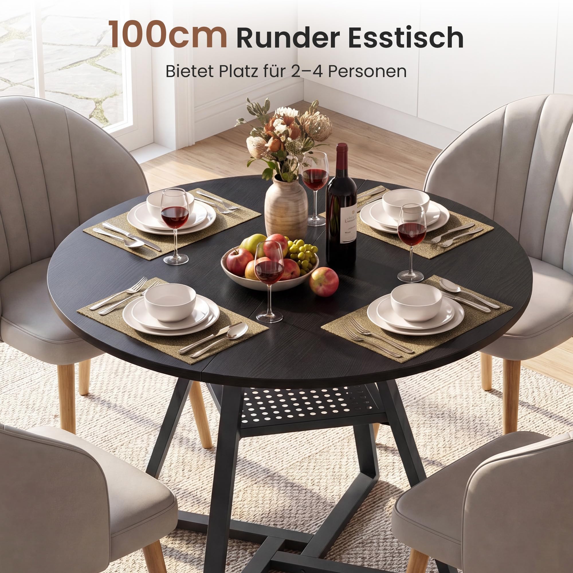 APICIZON Esstisch Rund 100cm, Esszimmertische für 2–4 Personen, Küchentisch Klein mit stabilem Metallgestell, Tisch Rund für Esszimmer, Küche, Wohnzimmer, Schwarz (nur Tisch)