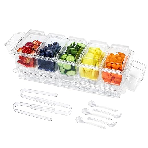 IVYHOME Chilled Condiment Server, Taco Bar Serving Set, Versatile Ice Containers, with 5 Lidded Containers and Detachable Ice Storage Layer, 2 Hanging Cups for Storing Tong and Forks
