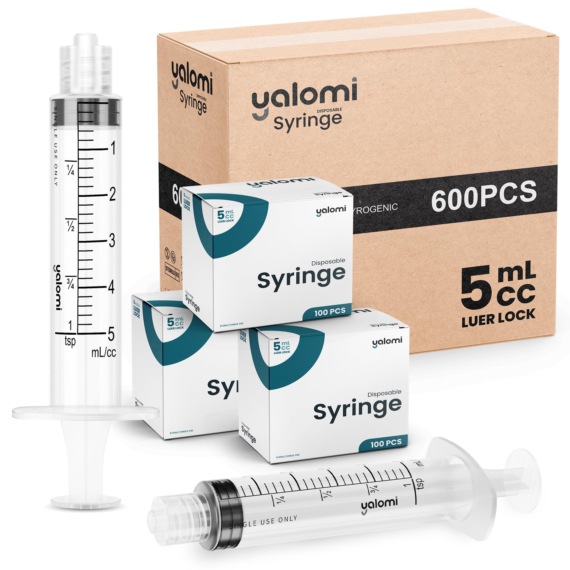 Jeringa Luer Lock de 5 ml (sin aguja) | Envuelta individualmente - Un solo uso | Industrial y personal | Paquete de 100 | Yalomi (caja de 6 cajas)