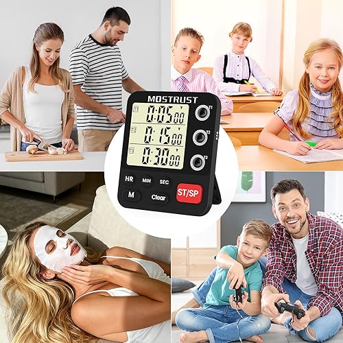 Miniatura 7 de Temporizador digital de cocina doble, temporizador de cuenta regresiva independiente de 3 canales, pantalla grande, alarma fuerte, triple cronómetro