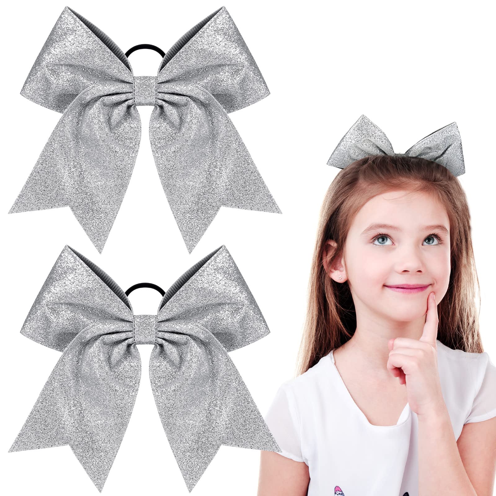 Photo 1 of 2 Packs Jumbo Cheerleading Bow 8 Inch Large Cheer Hair Bows with Ponytail Holder for Teen Girls Softball Outfit Uniform(Silver)